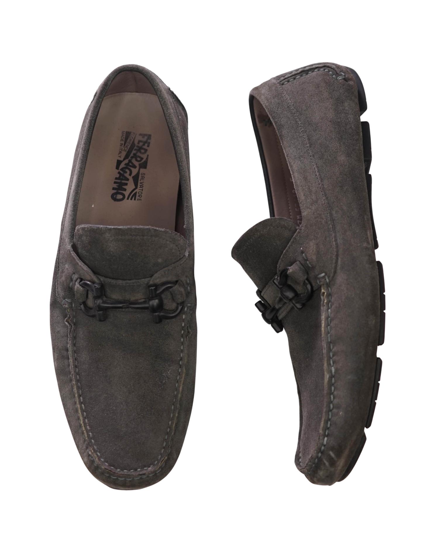 $795 FERRAGAMO - Gray Suede Driving Loafers - 9.5 E