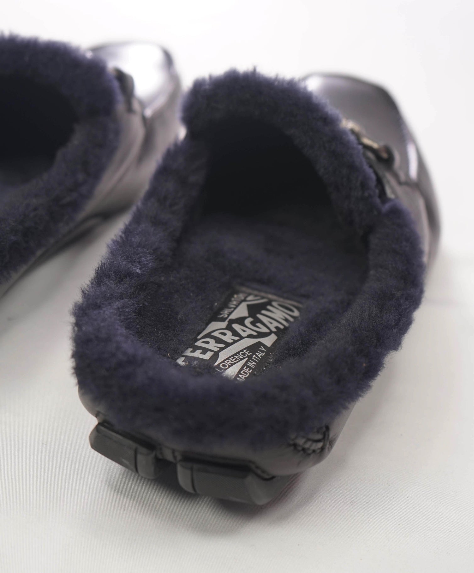 $795 FERRAGAMO - Black Leather Fur Lined Slip on Loafers - 9 M