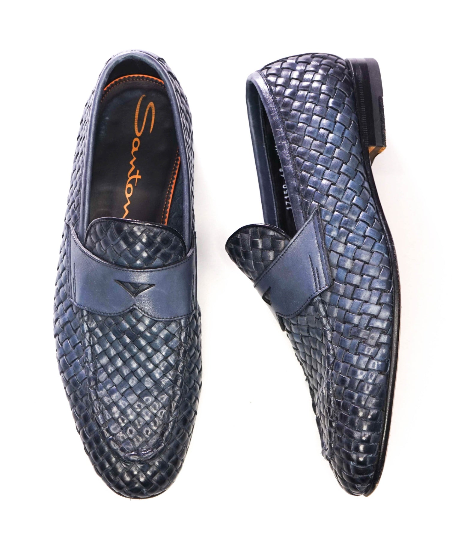 $1,080 SANTONI - Blue Hand Antiqued Woven Penny Loafer - US 9.5 (UK8.5)