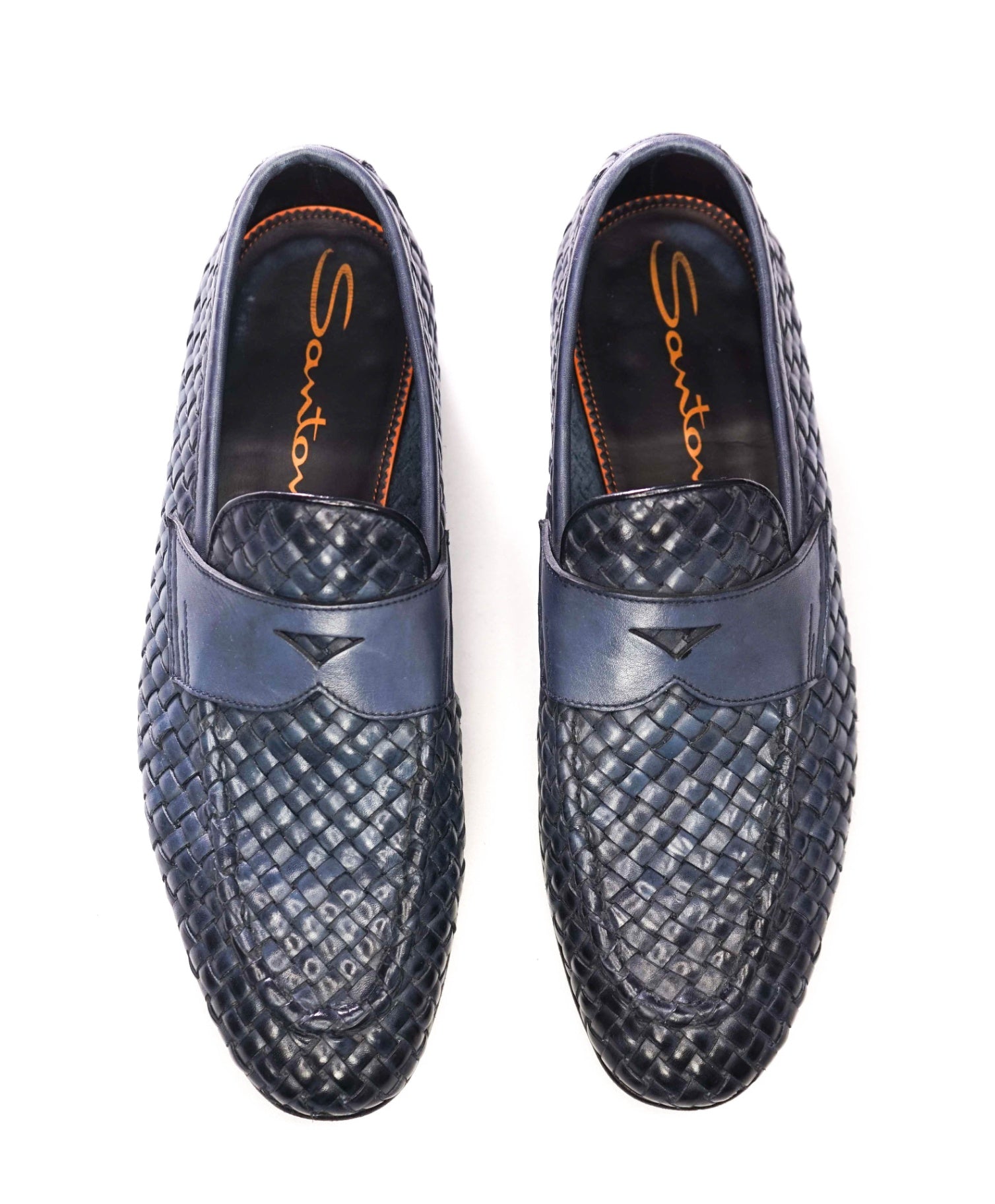 $1,080 SANTONI - Blue Hand Antiqued Woven Penny Loafer - US 9.5 (UK8.5)