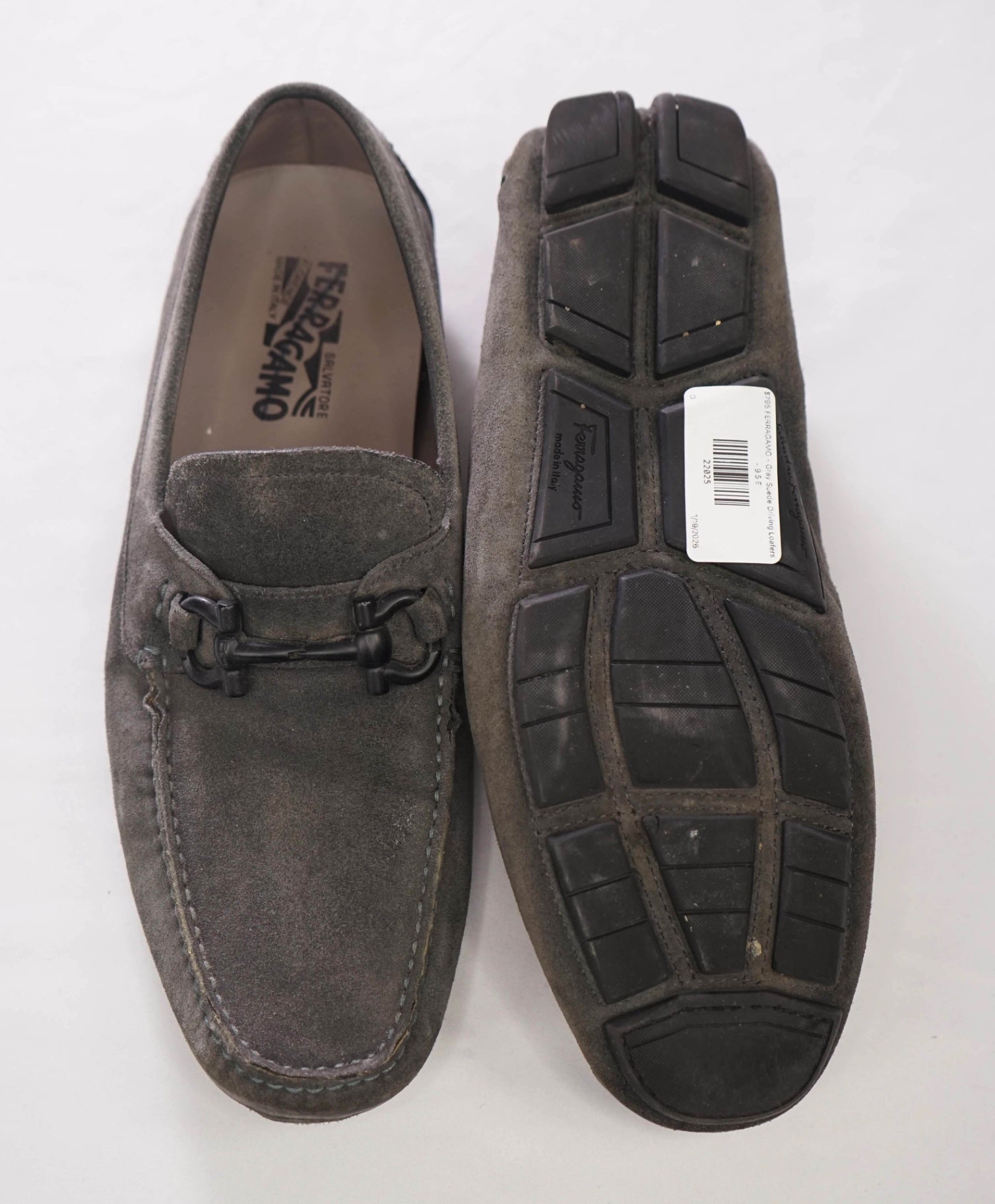 $795 FERRAGAMO - Gray Suede Driving Loafers - 9.5 E
