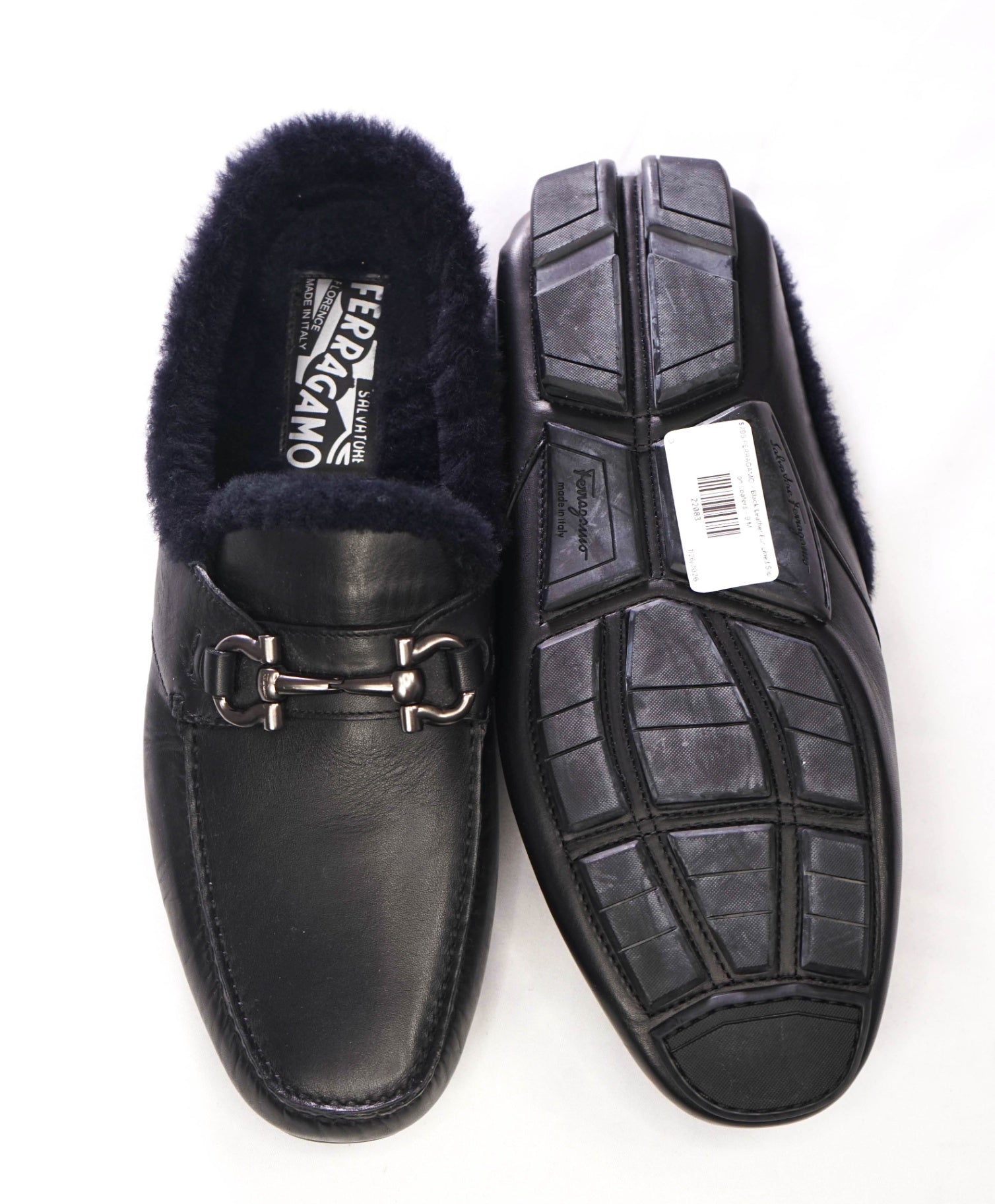 $795 FERRAGAMO - Black Leather Fur Lined Slip on Loafers - 9 M