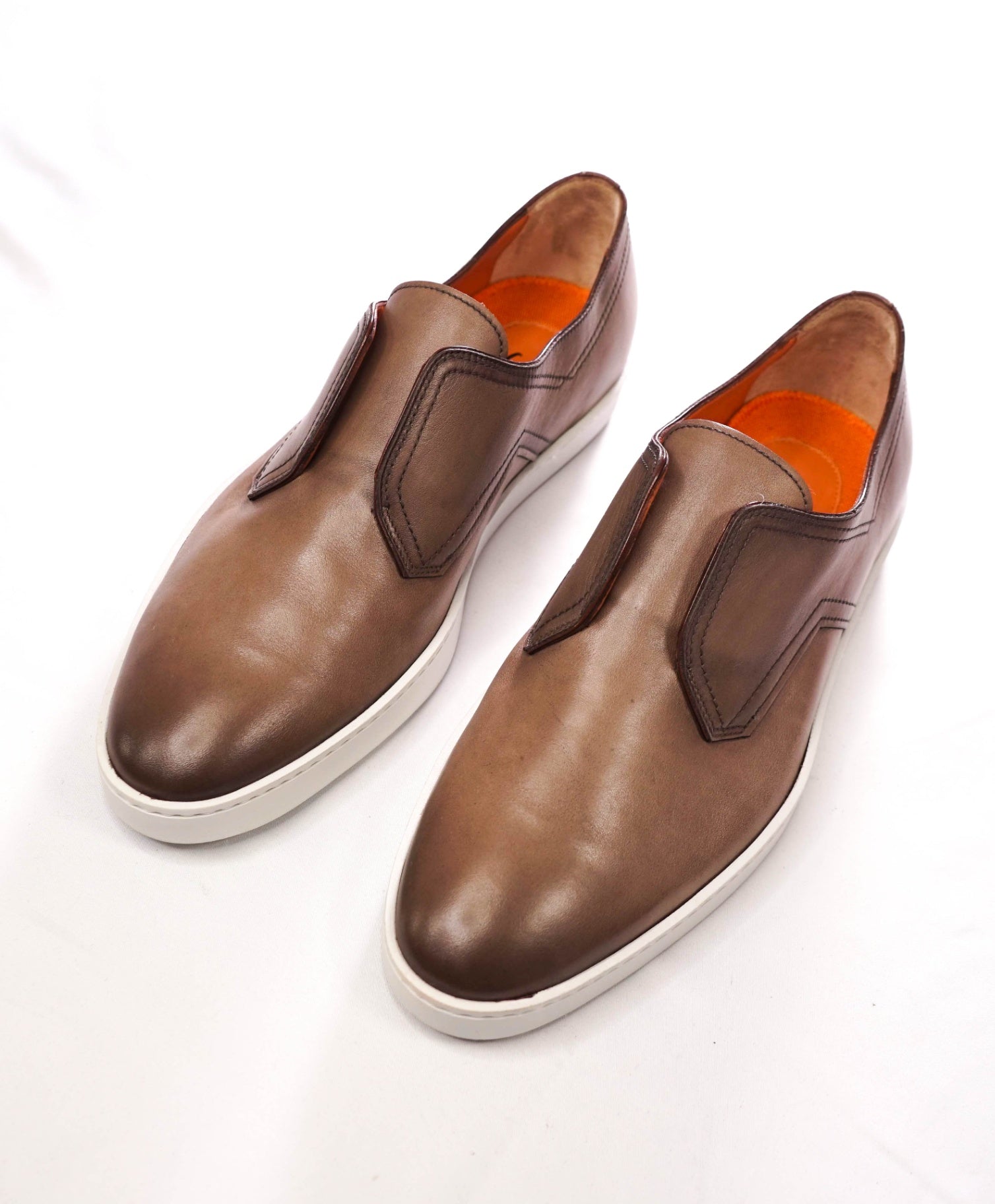$825 SANTONI - Dark Beige Leather "ICARIUS" Slip on Shoes - US 9.5 (UK8.5)