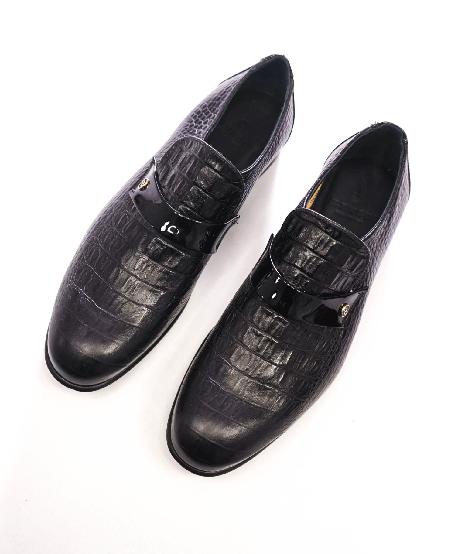 $725 GRENSON - "13" Black Croc Print Leather Loafers - US 10 (9UK)