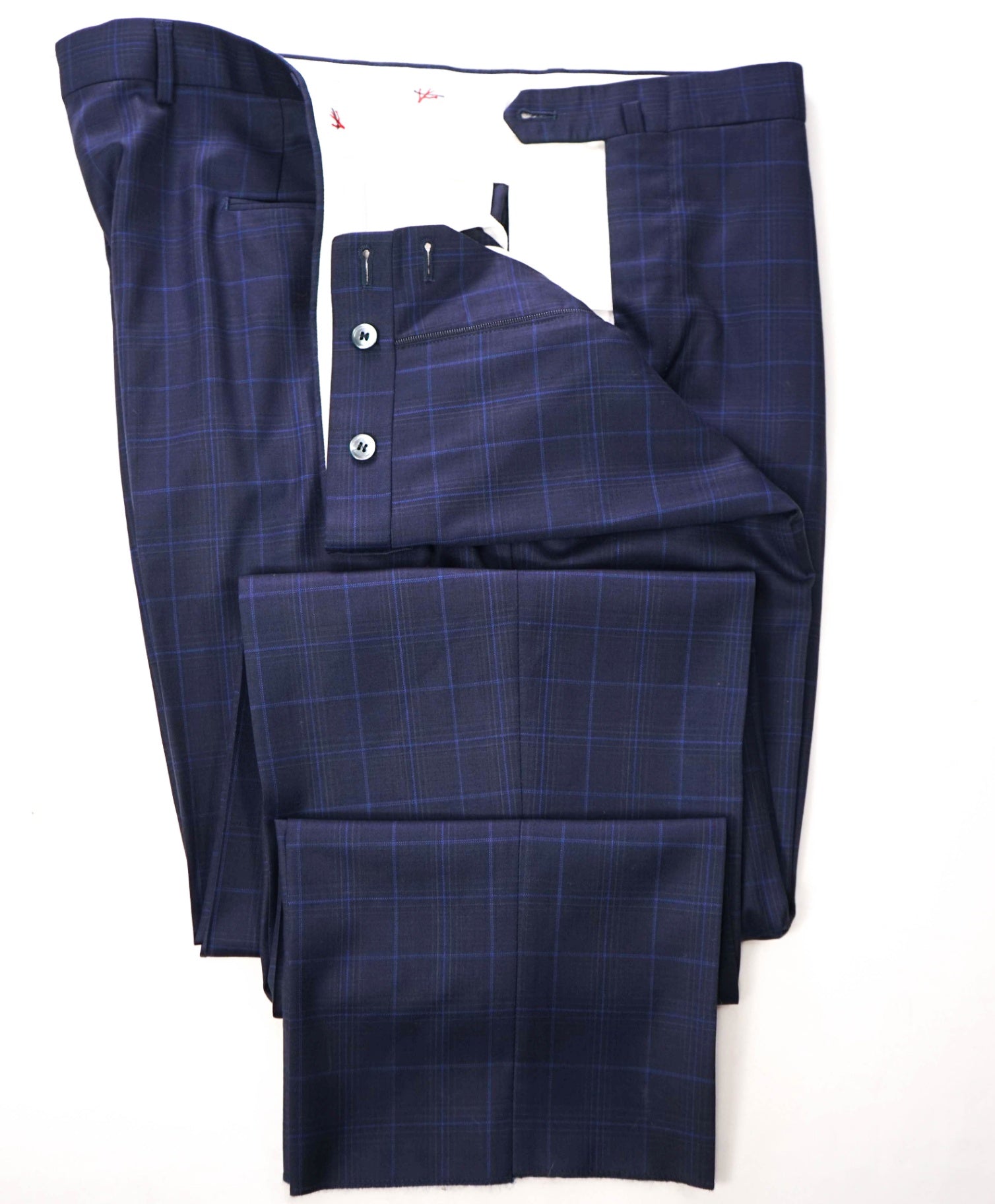 $725 ISAIA - Plaid Navy Blue Wool Pants - 42W
