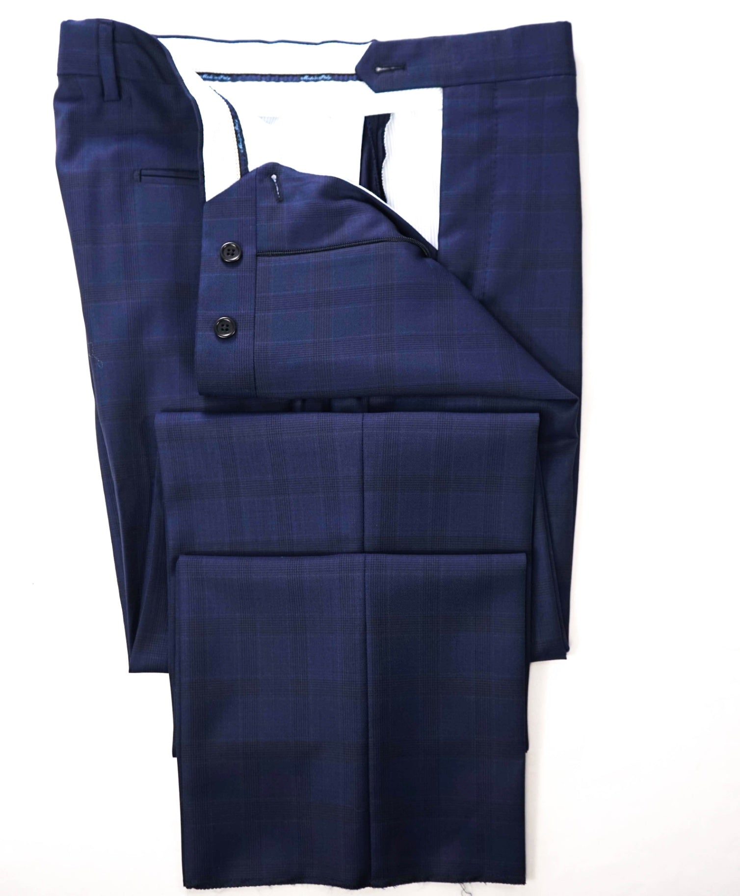 $425 SAKS FIFTH AVENUE - Navy Blue Plaid Wool Pants - 34W