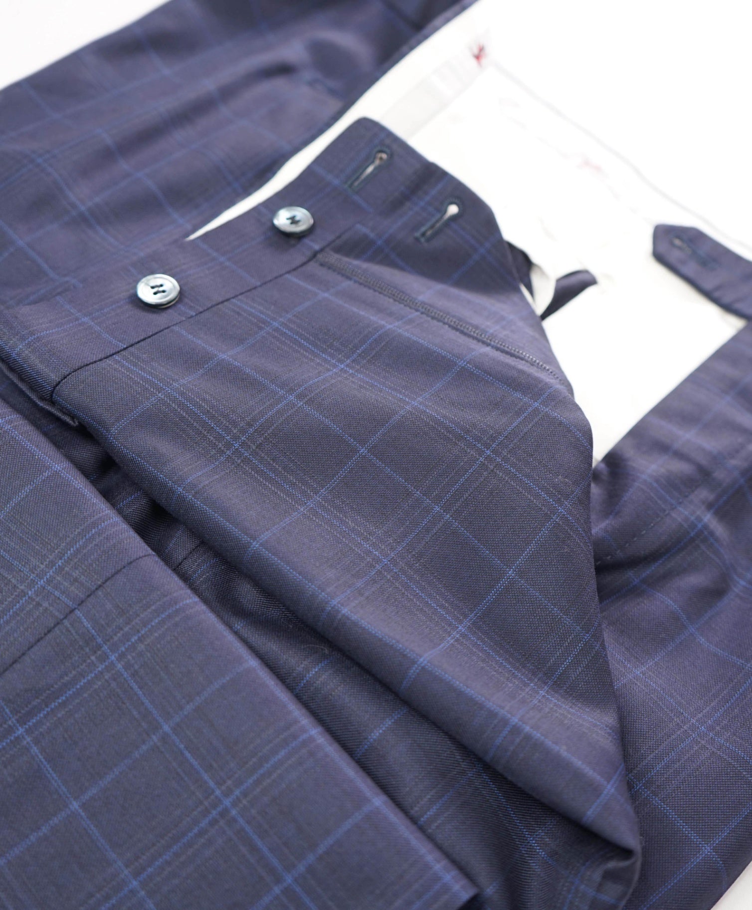 $725 ISAIA - Plaid Navy Blue Wool Pants - 42W