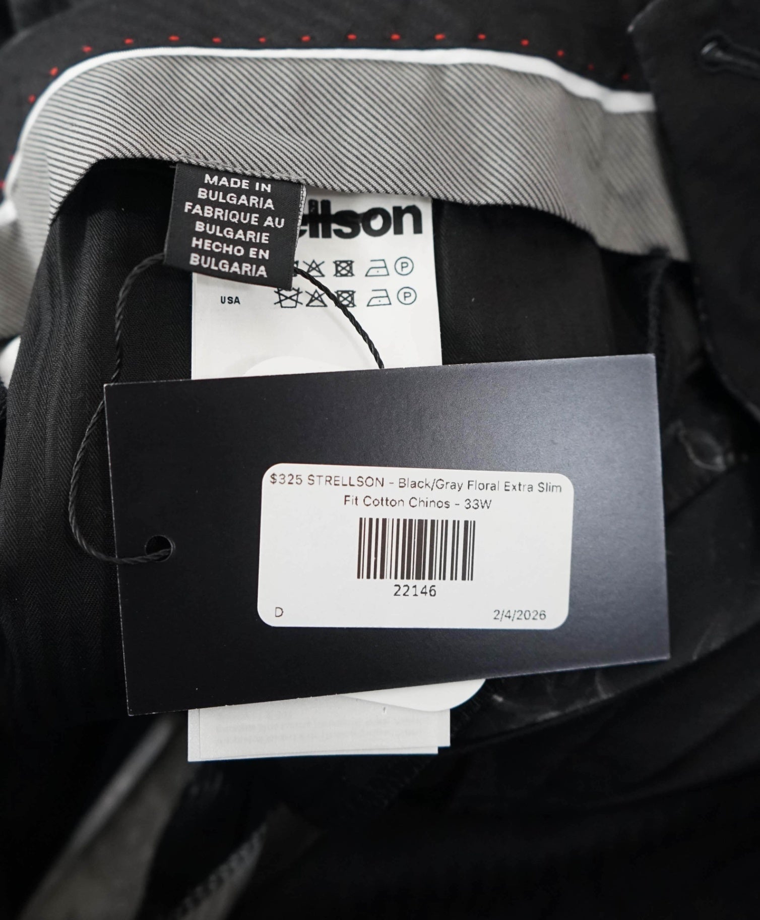 $325 STRELLSON - Black/Gray Floral Extra Slim Fit Cotton Chinos - 33W