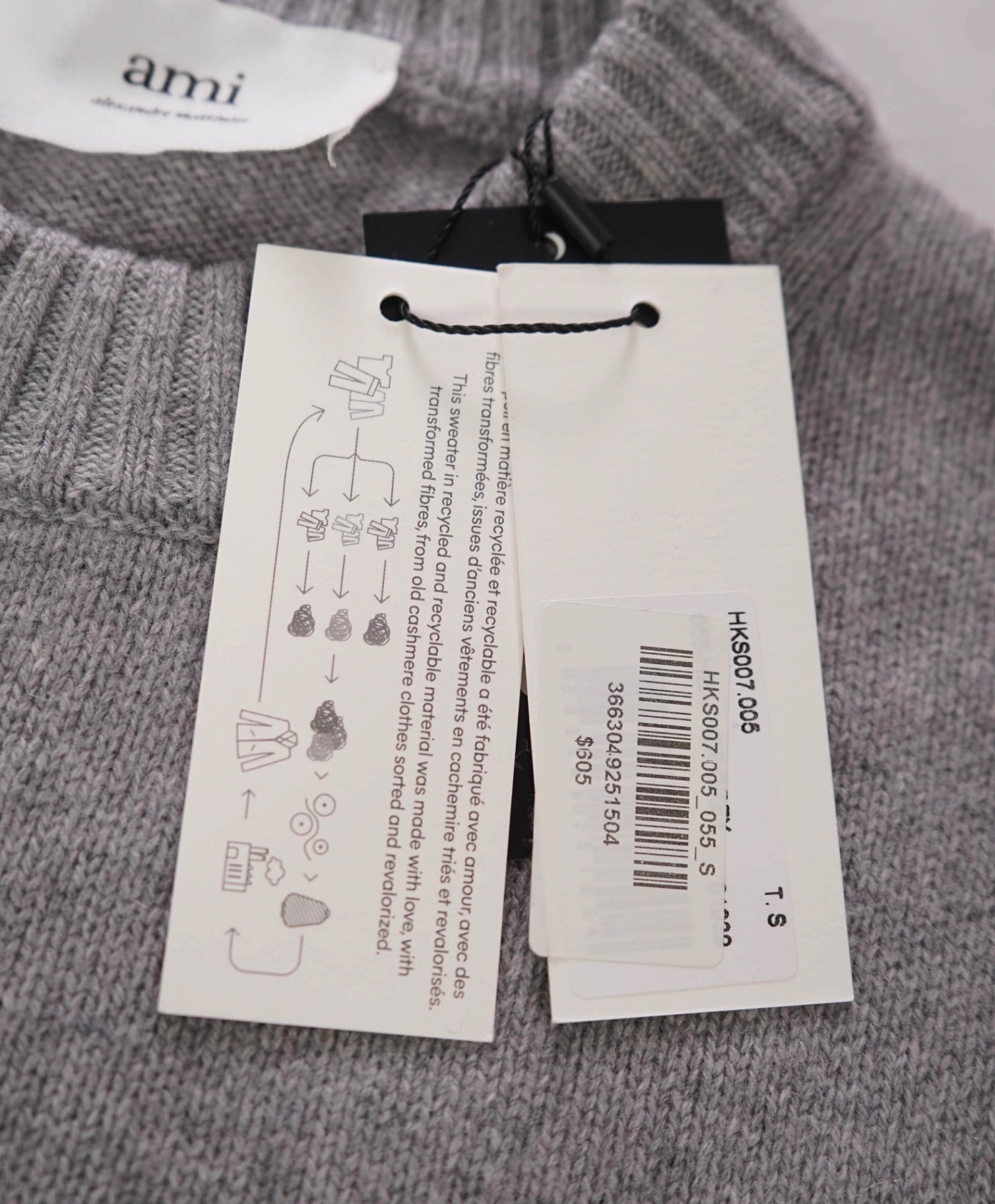 $605 AMI - Gray 97% CASHMERE Crew Neck Sweater - Mens S (Unisex)