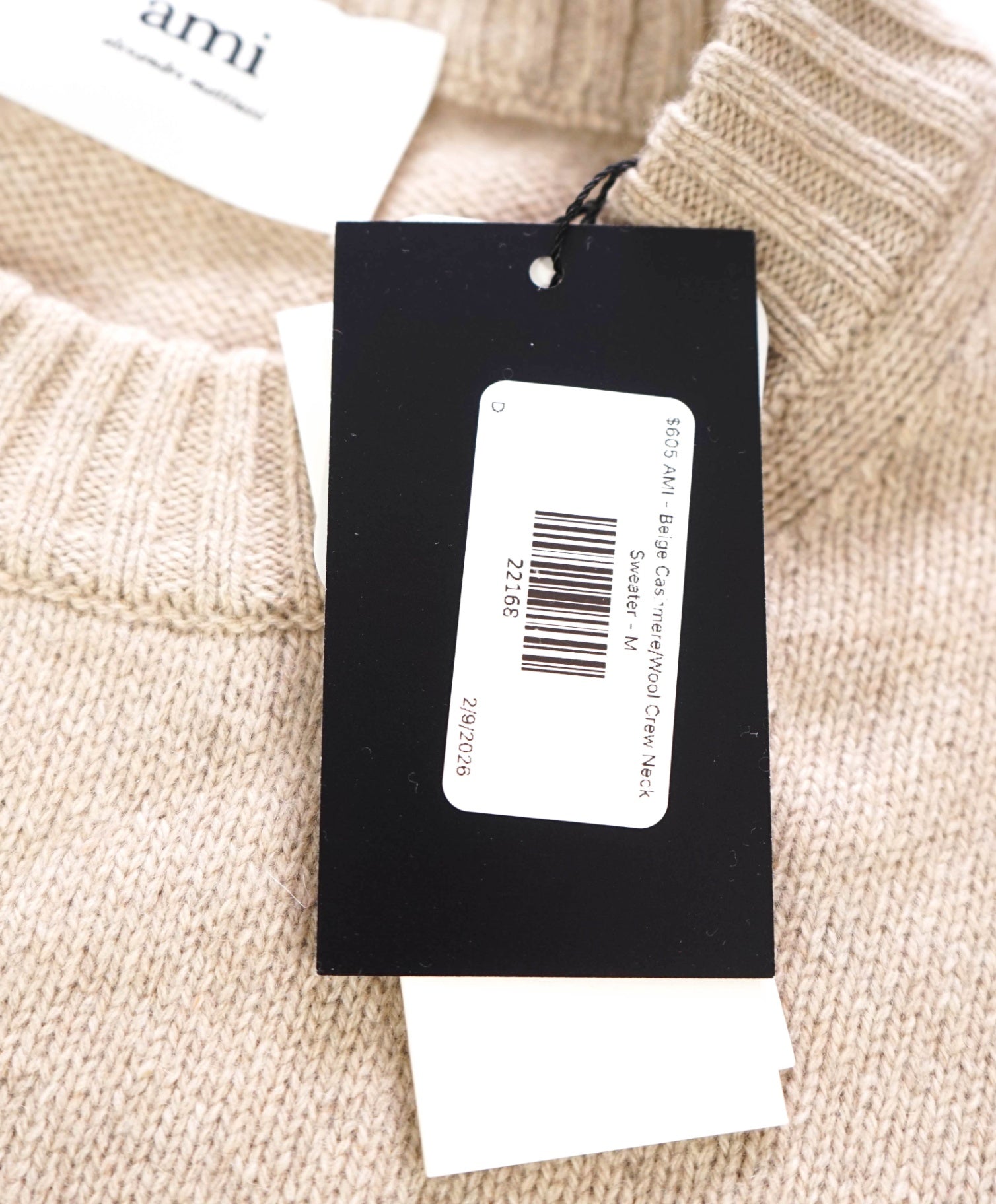 $605 AMI - Beige Neutral *97% CASHMERE* Crew Neck Sweater - M