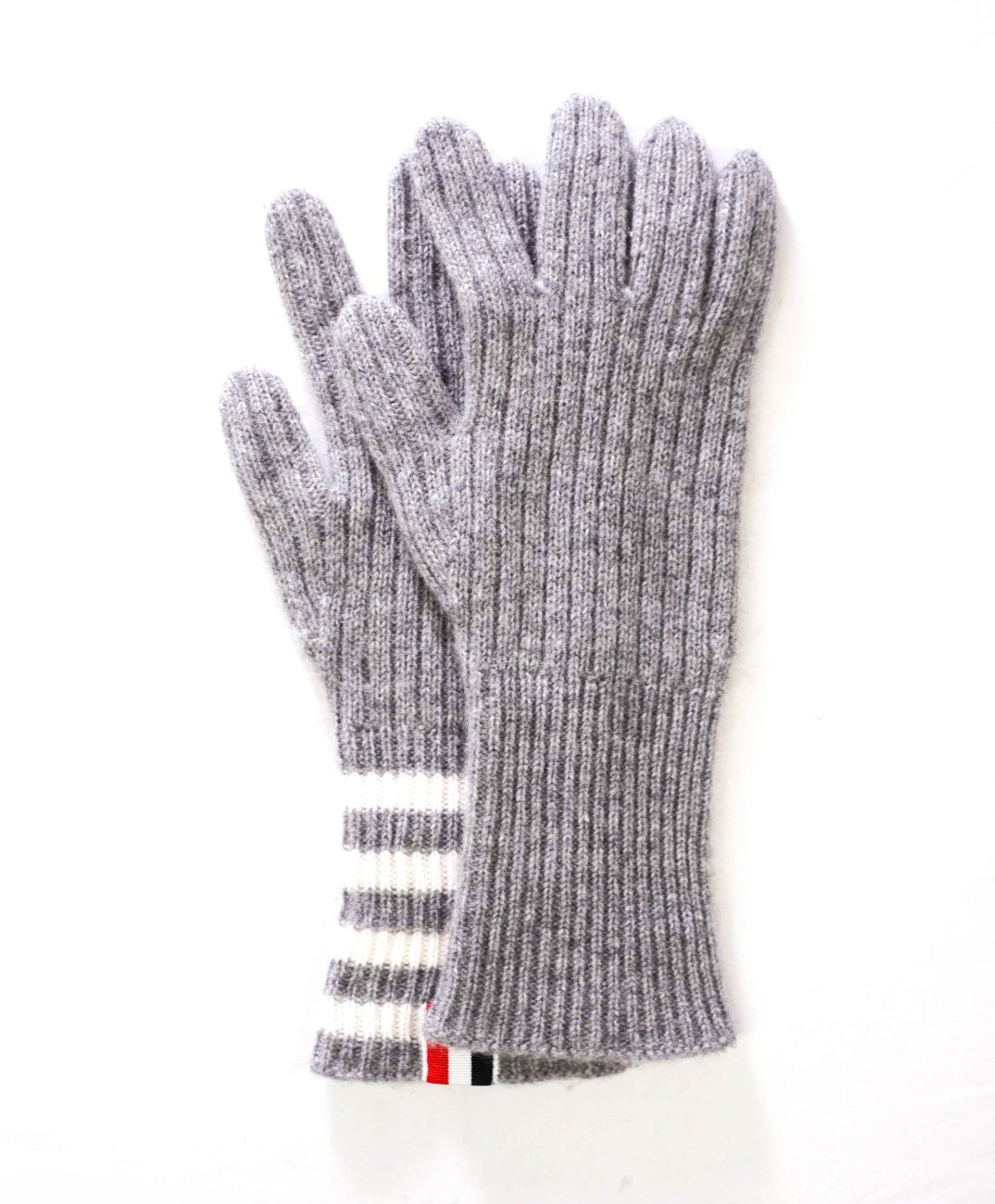 $420 THOM BROWNE - Gray Cashmere Ribbed 4-Bar Gloves - L