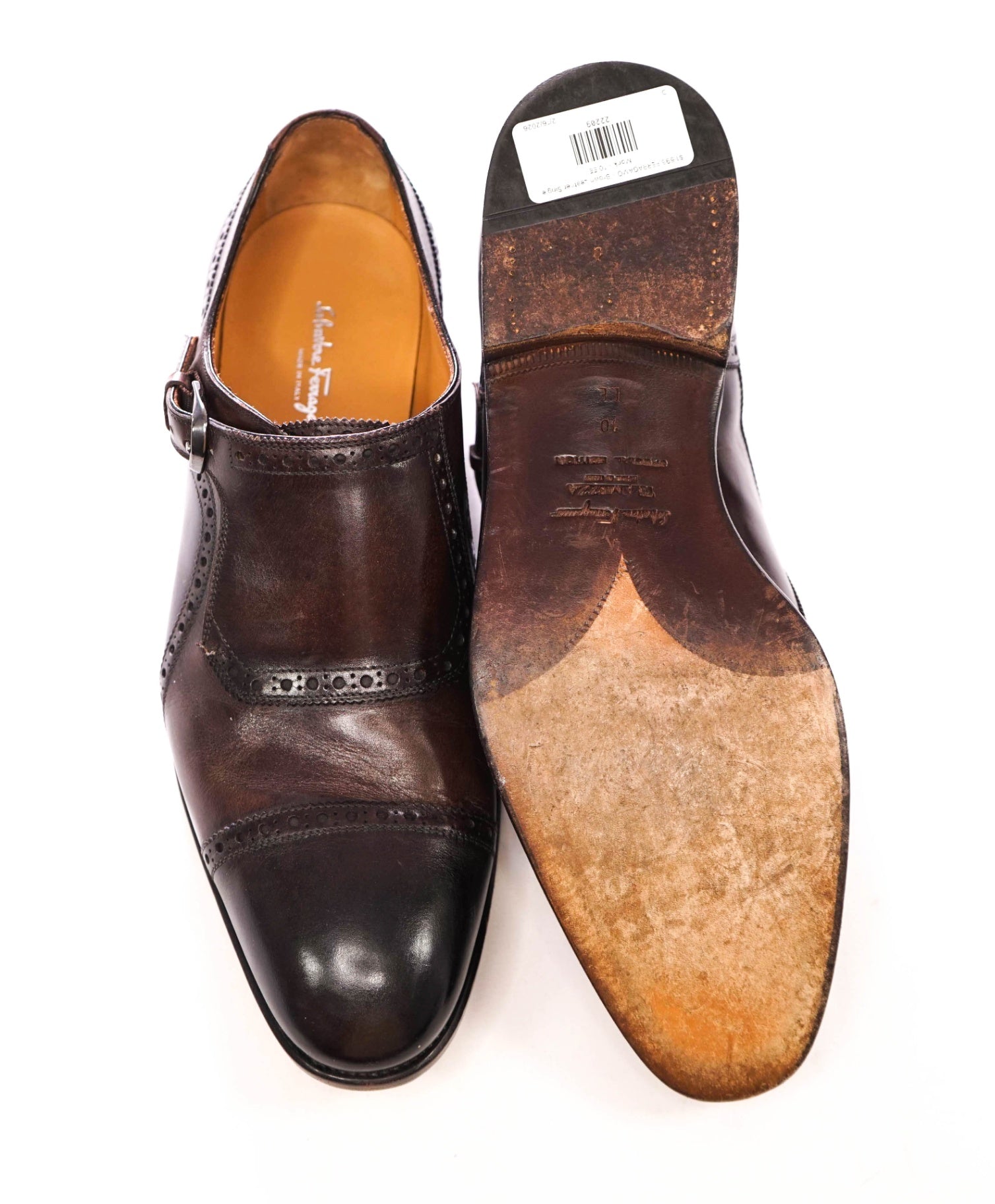 $1,595 FERRAGAMO - "TRAMEZZA" Brown Leather Single Monk - 10 EE