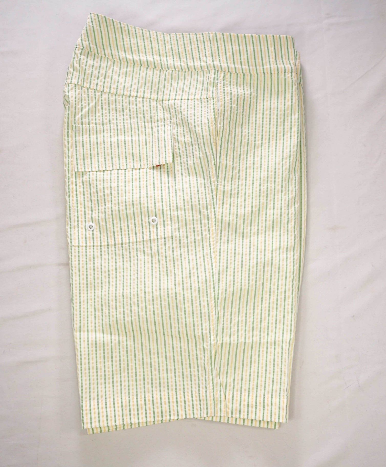 $580 THOM BROWNE - Green/Yellow Summer Stripe Swim Shorts - M