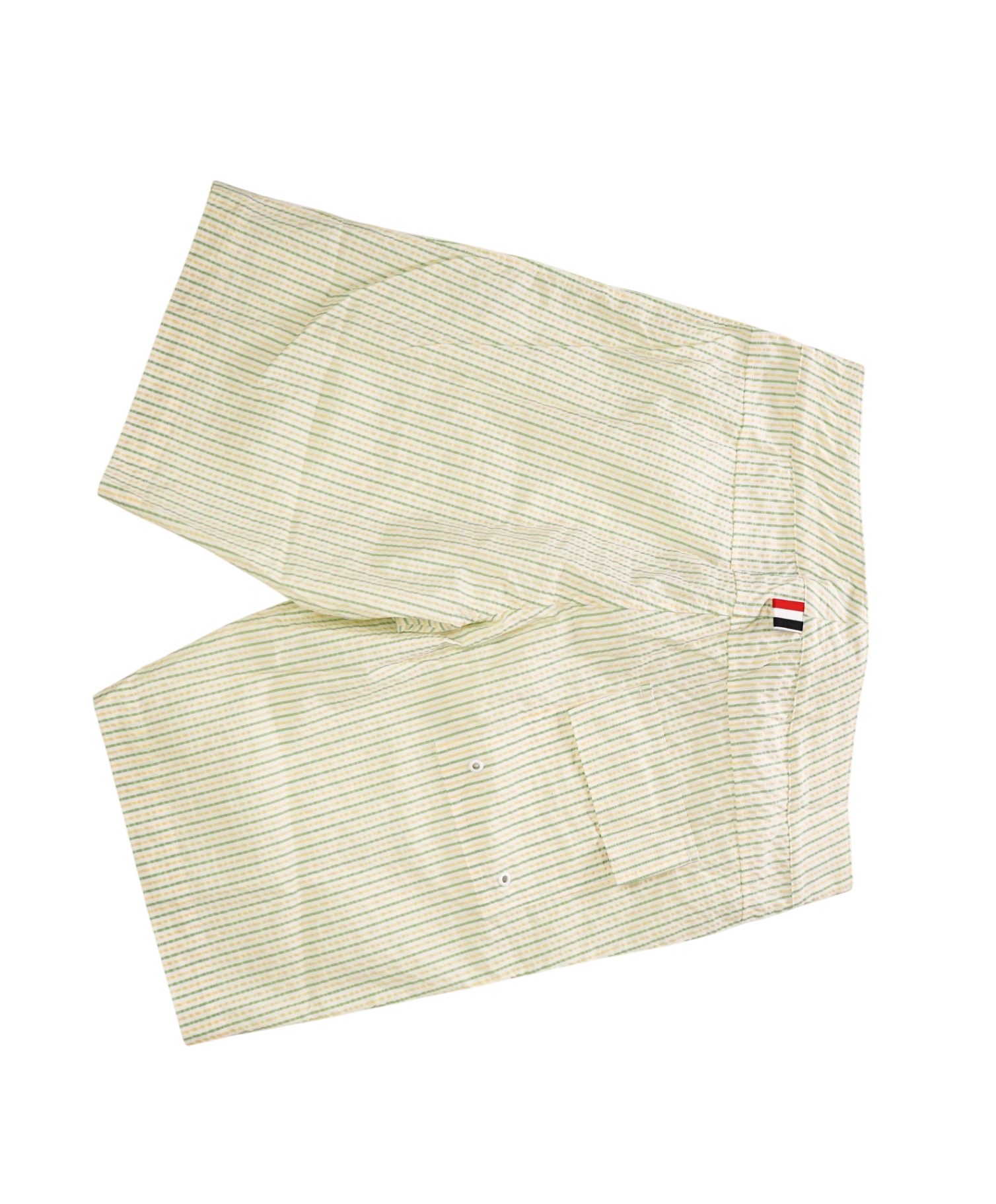 $580 THOM BROWNE - Green/Yellow Summer Stripe Swim Shorts - M