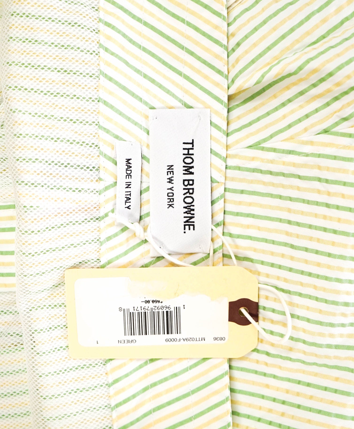 $580 THOM BROWNE - Green/Yellow Summer Stripe Swim Shorts - M