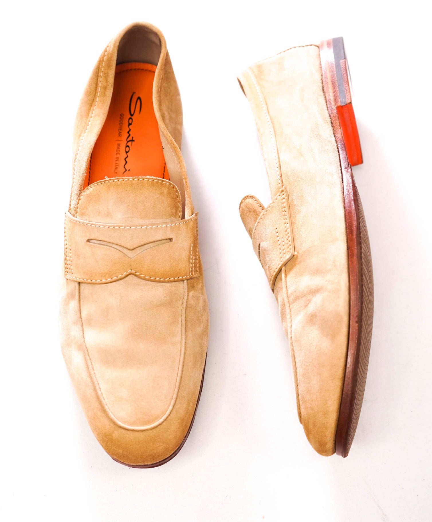 $800 SANTONI - GOODYEAR Tan Unlined Suede Loafers - US 10.5 (UK9.5)