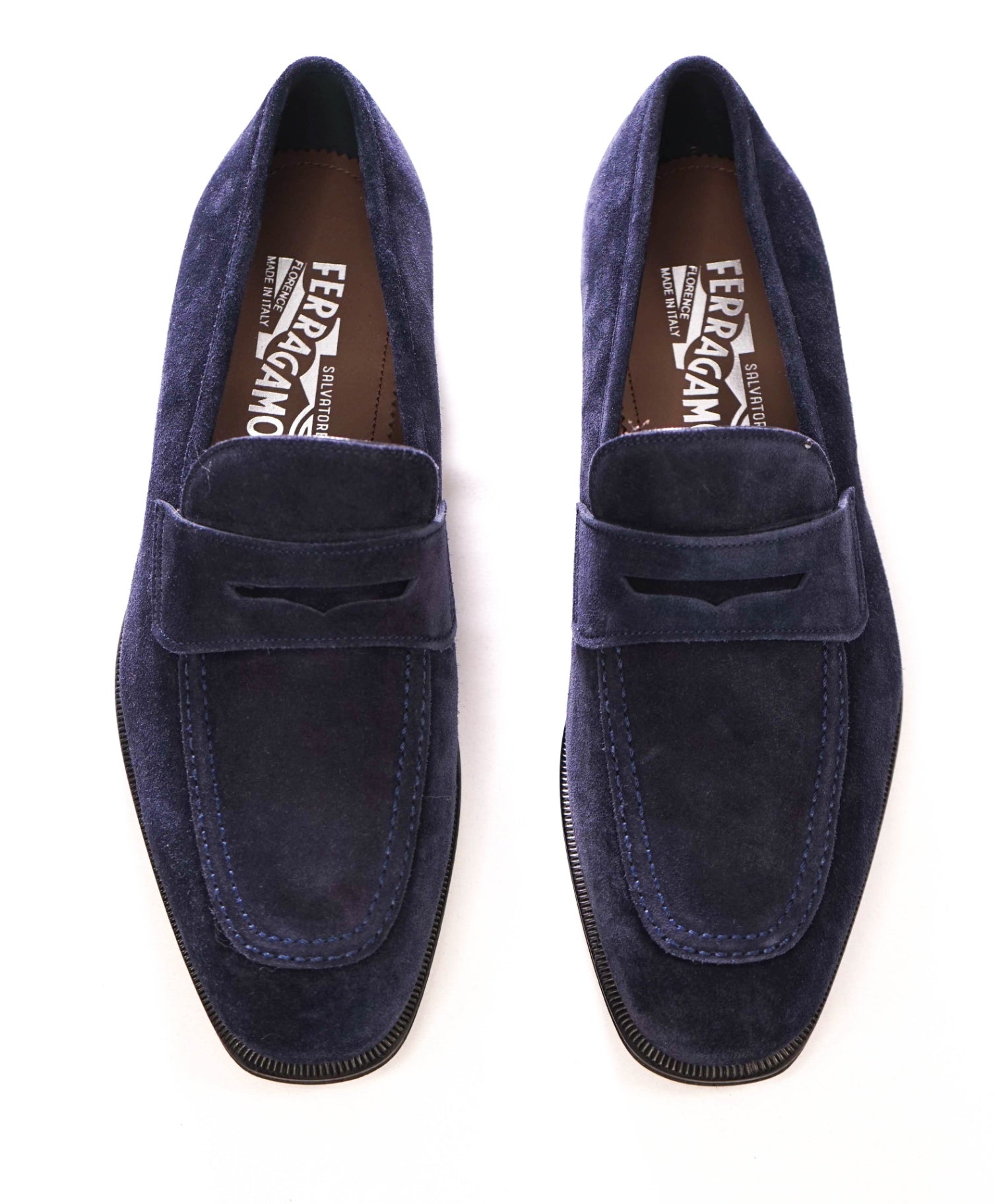 $795 FERRAGAMO - "STREET" Navy Blue Suede Penny Loafers - 8 EE