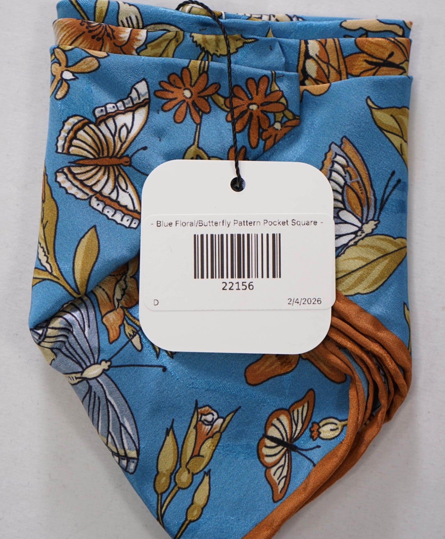 N/A - Blue Floral/Butterfly Pattern Silk Pocket Square - Pre-Folded