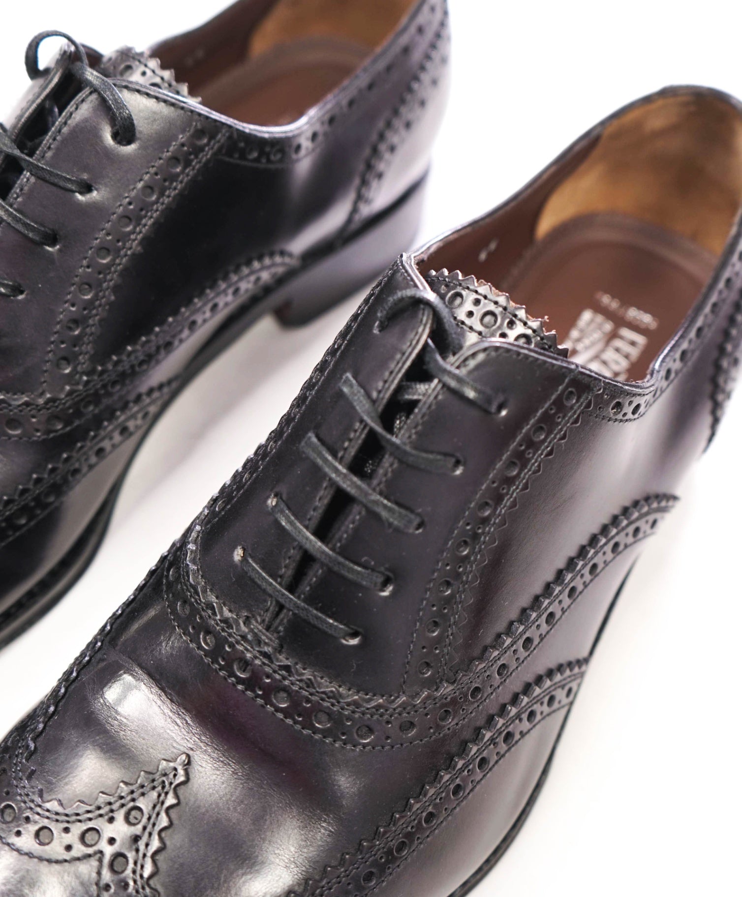 $1,295 FERRAGAMO - Black Leather "TRAMEZZA" Wingtip Oxfords - 10 EE
