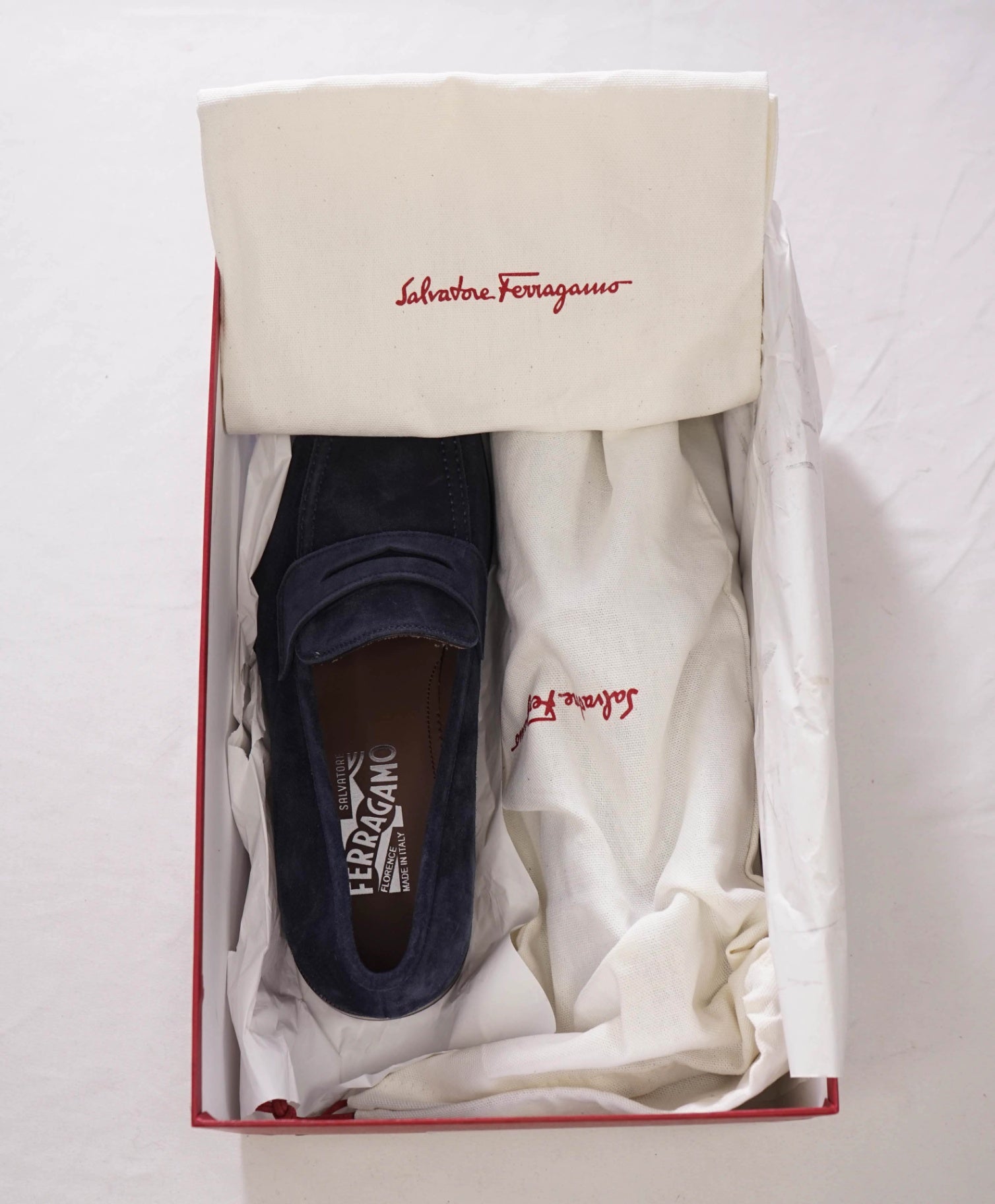 $795 FERRAGAMO - "STREET" Navy Blue Suede Penny Loafers - 8 EE