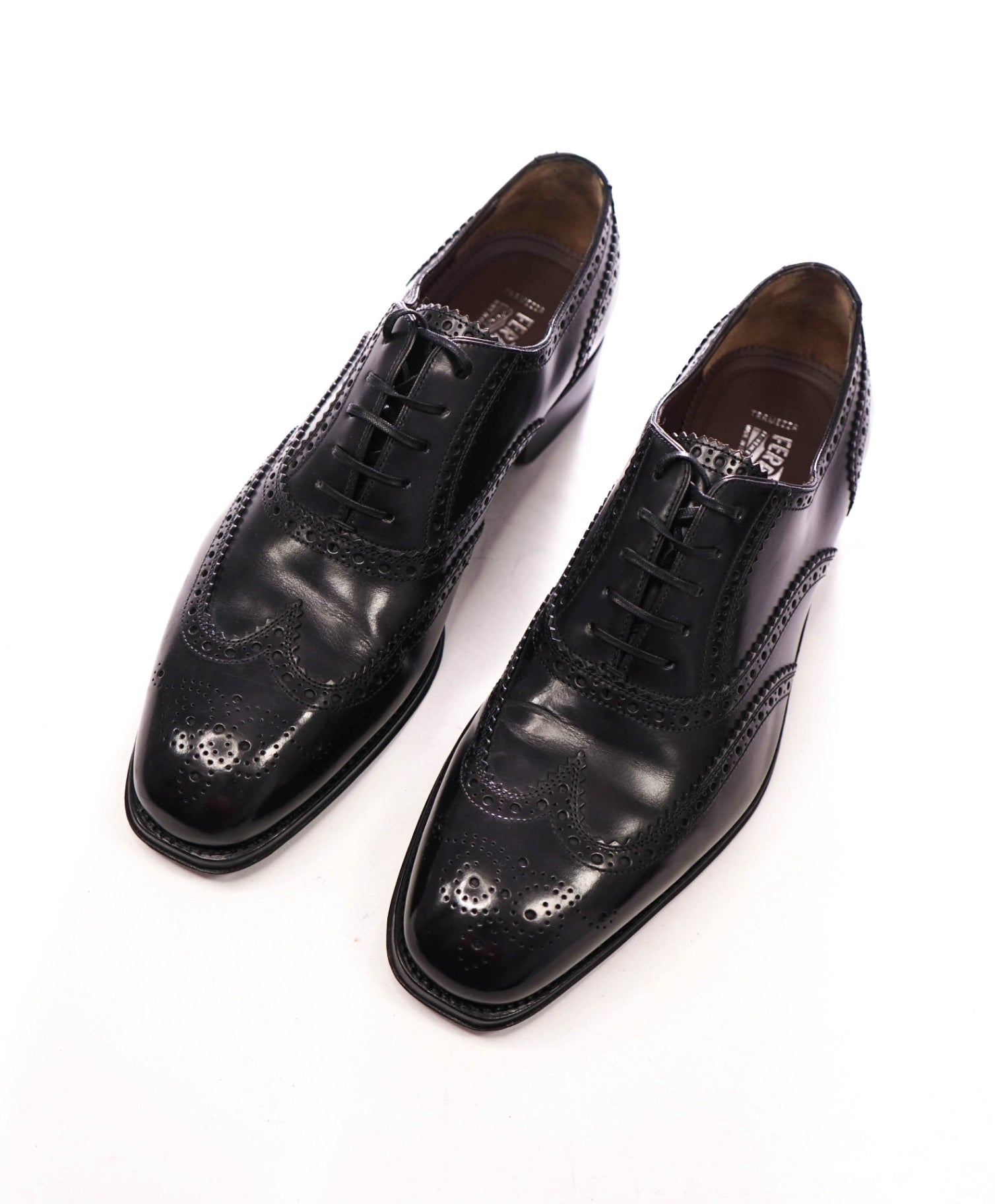 $1,295 FERRAGAMO - Black Leather "TRAMEZZA" Wingtip Oxfords - 10 EE