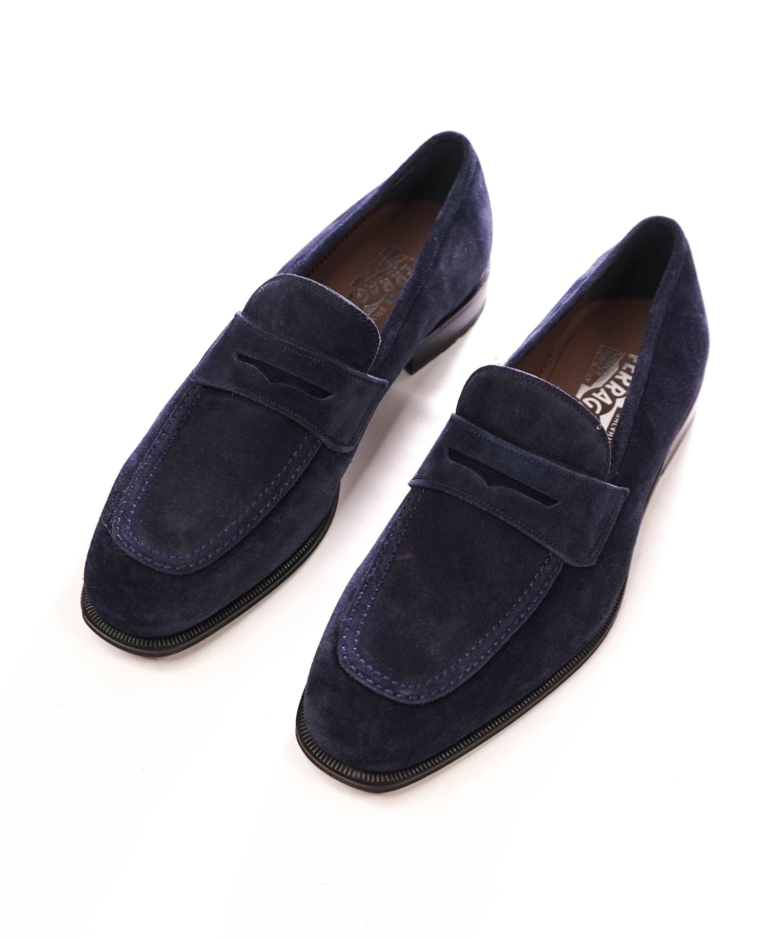 $795 FERRAGAMO - "STREET" Navy Blue Suede Penny Loafers - 8 EE
