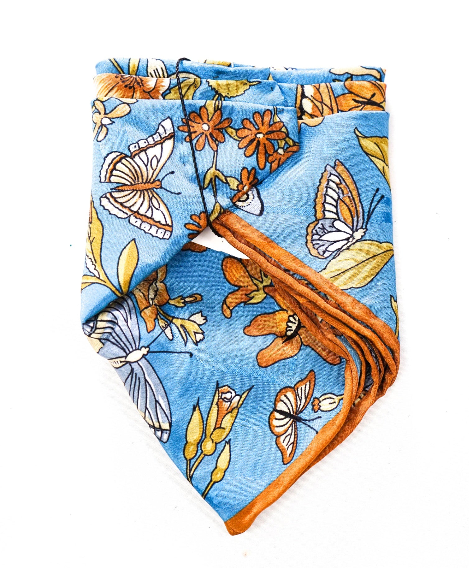 N/A - Blue Floral/Butterfly Pattern Silk Pocket Square - Pre-Folded