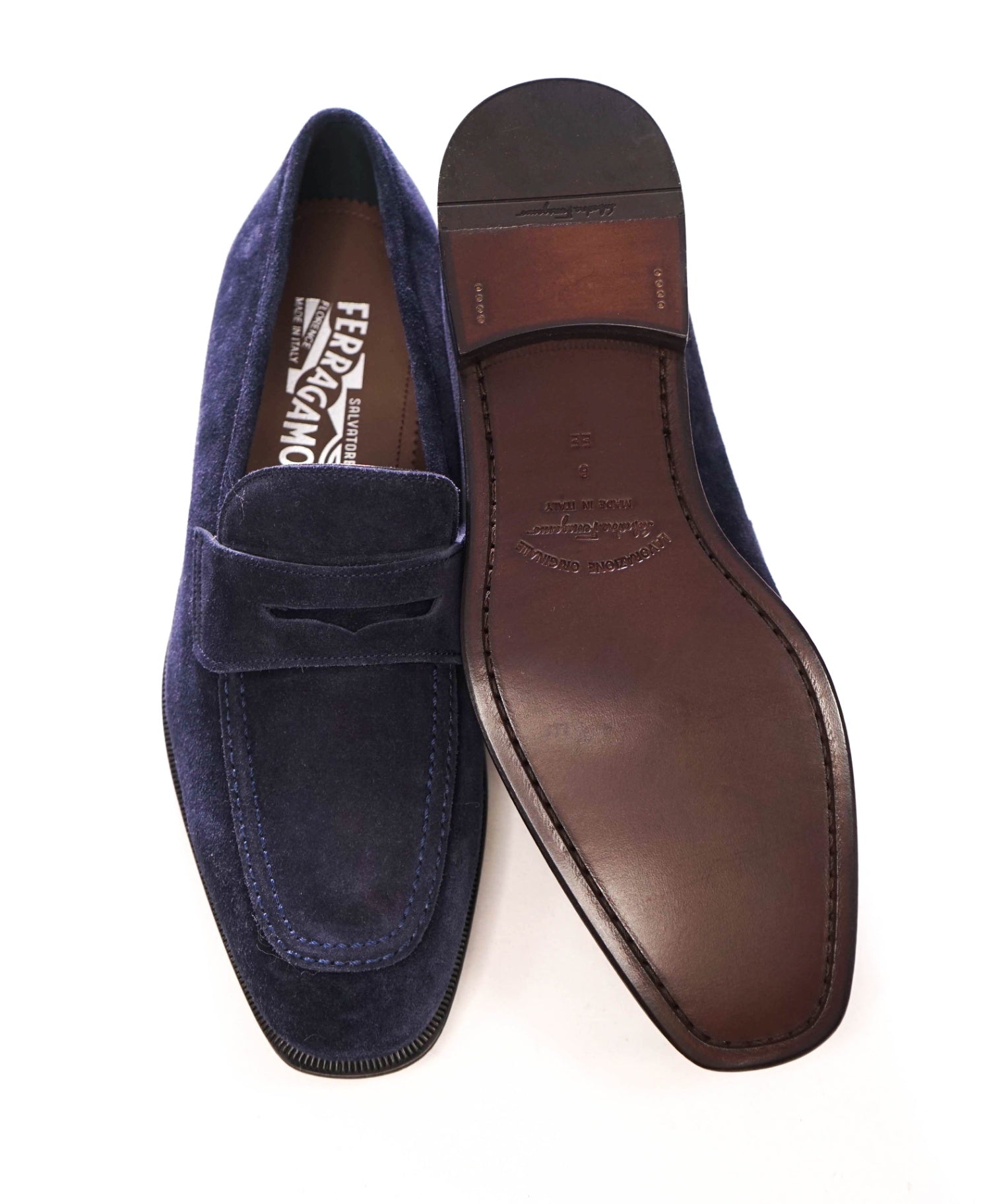 $795 FERRAGAMO - "STREET" Navy Blue Suede Penny Loafers - 8 EE