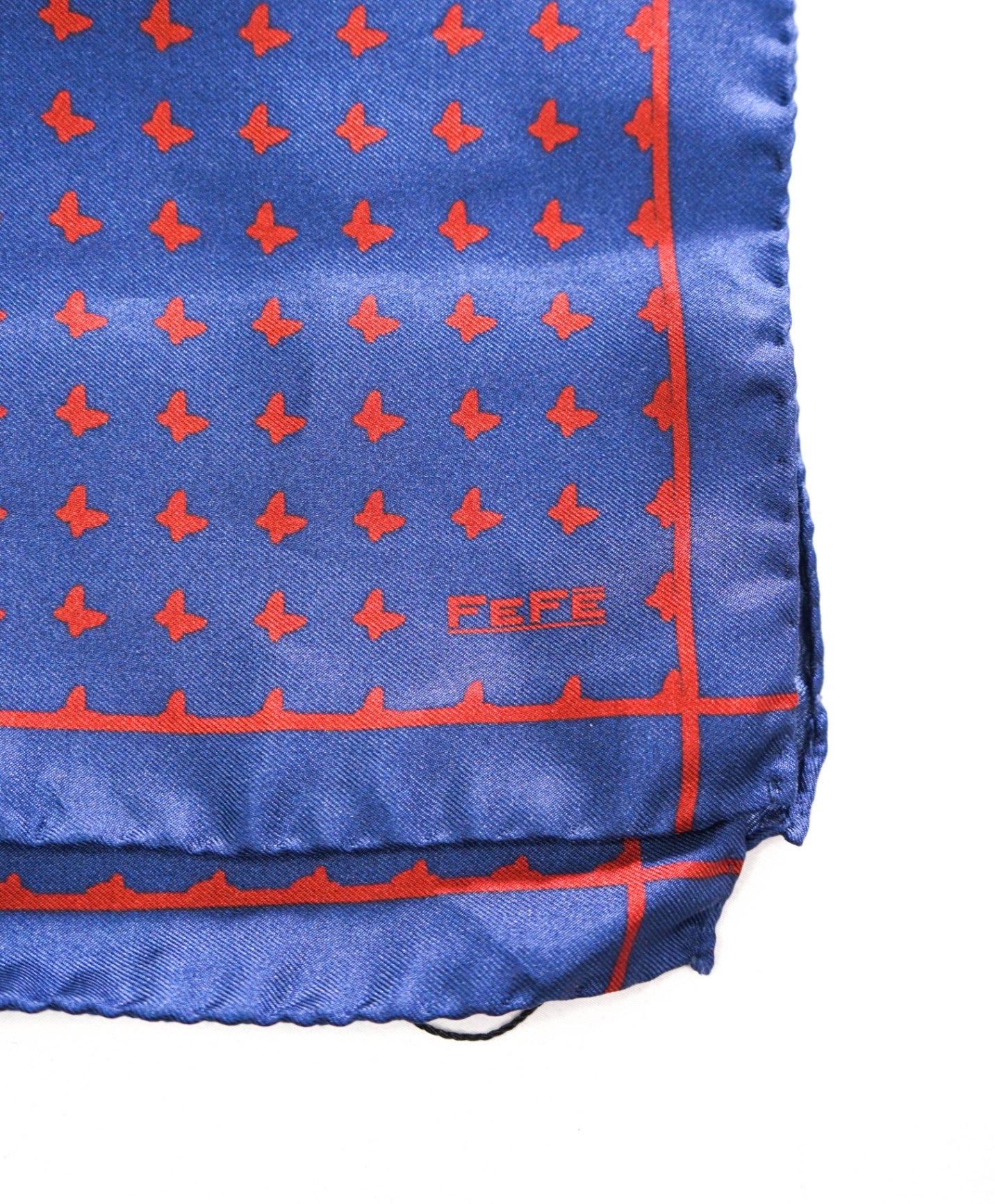 $125 FEFE - Navy Blue/Red Butterfly 100% Silk Handkerchief - 12x12