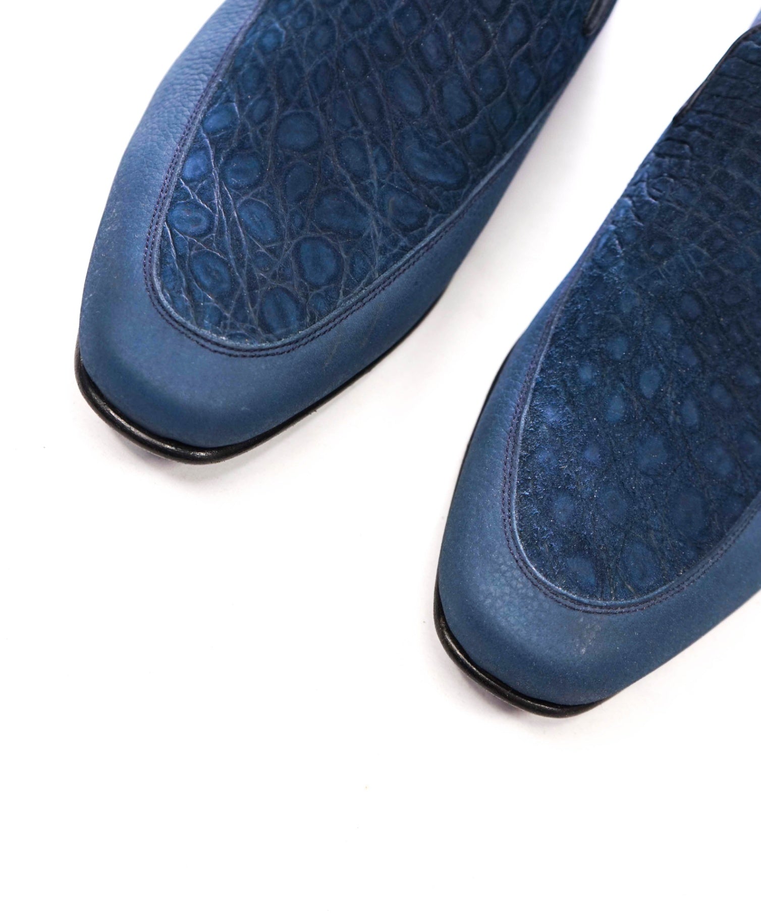 $1,500 ZILLI - Navy Blue Suede Croc Print Loafers - 10US (9UK 42EU)