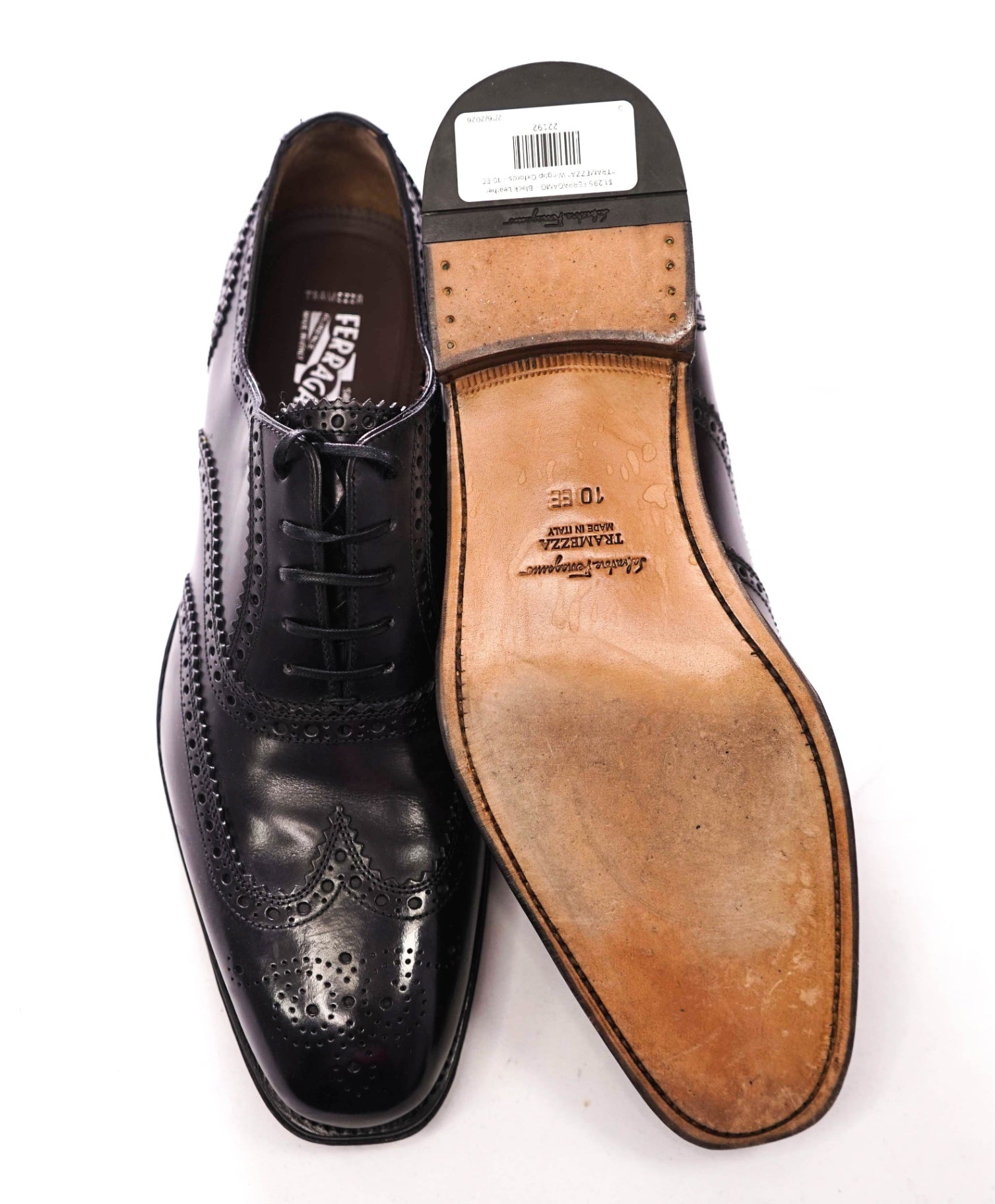 $1,295 FERRAGAMO - Black Leather "TRAMEZZA" Wingtip Oxfords - 10 EE