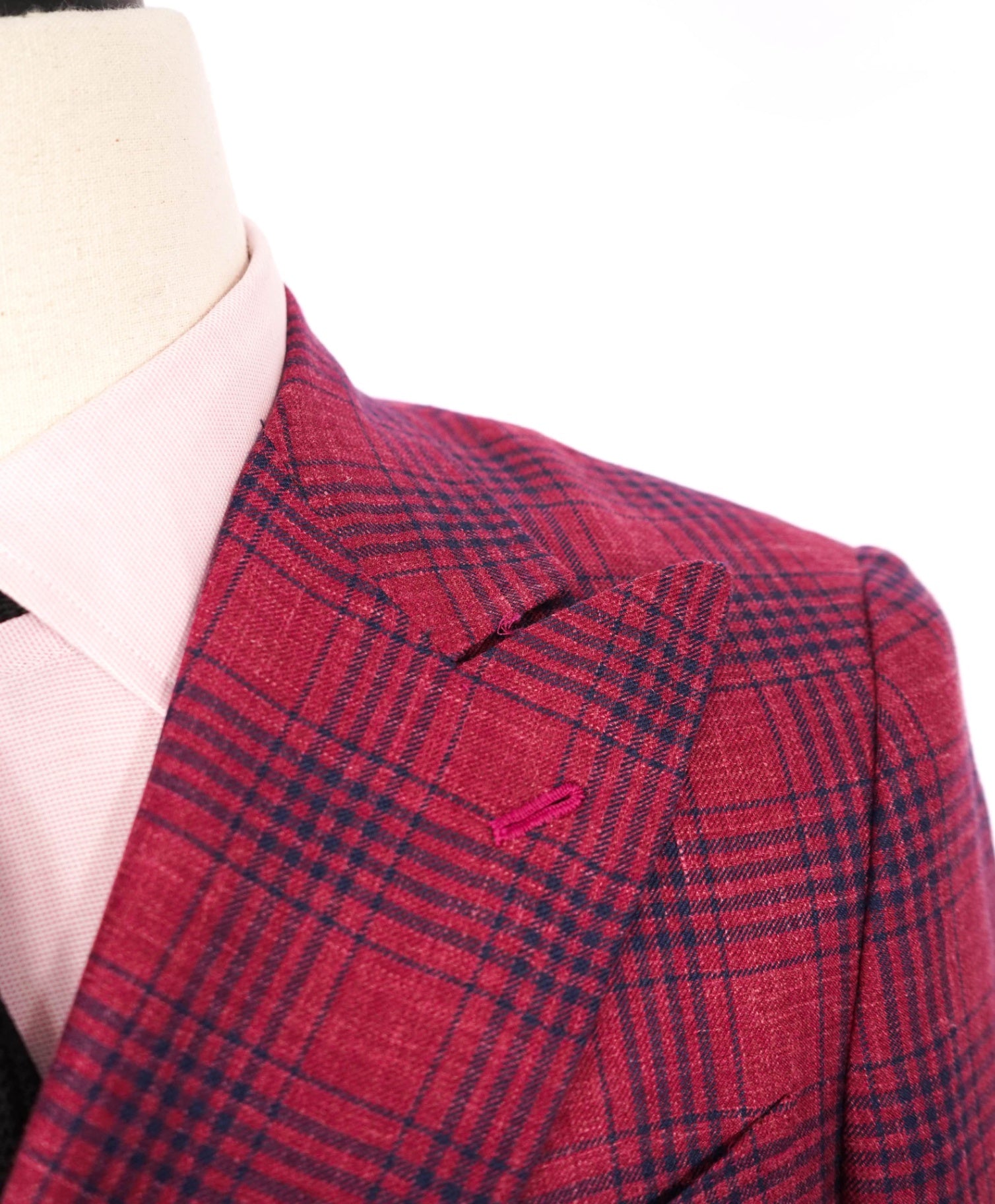 $5,225 ISAIA - Red/Blue Plaid Wool/Silk/Linen Double Breasted Blazer - 36R