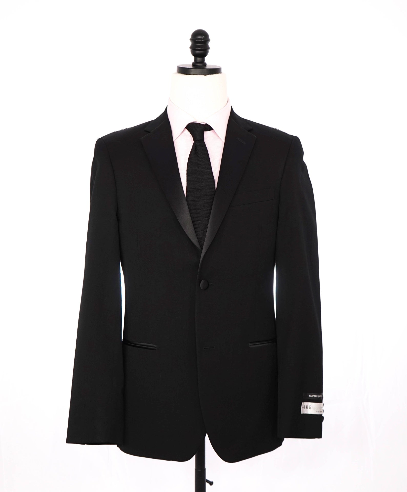 $695 IKE EVENING - Solid Black Super 120's Wool Tuxedo - 36R