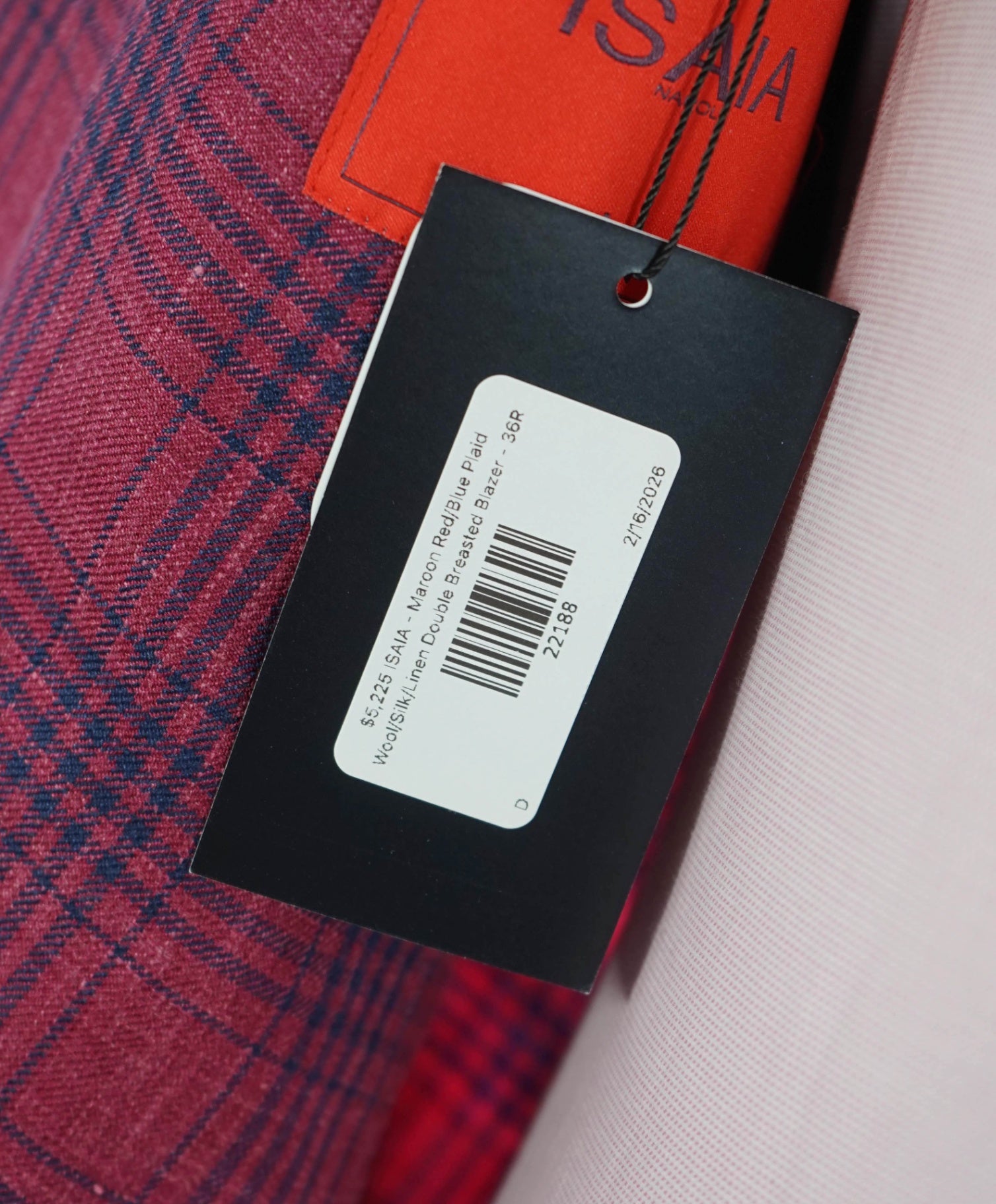 $5,225 ISAIA - Red/Blue Plaid Wool/Silk/Linen Double Breasted Blazer - 36R