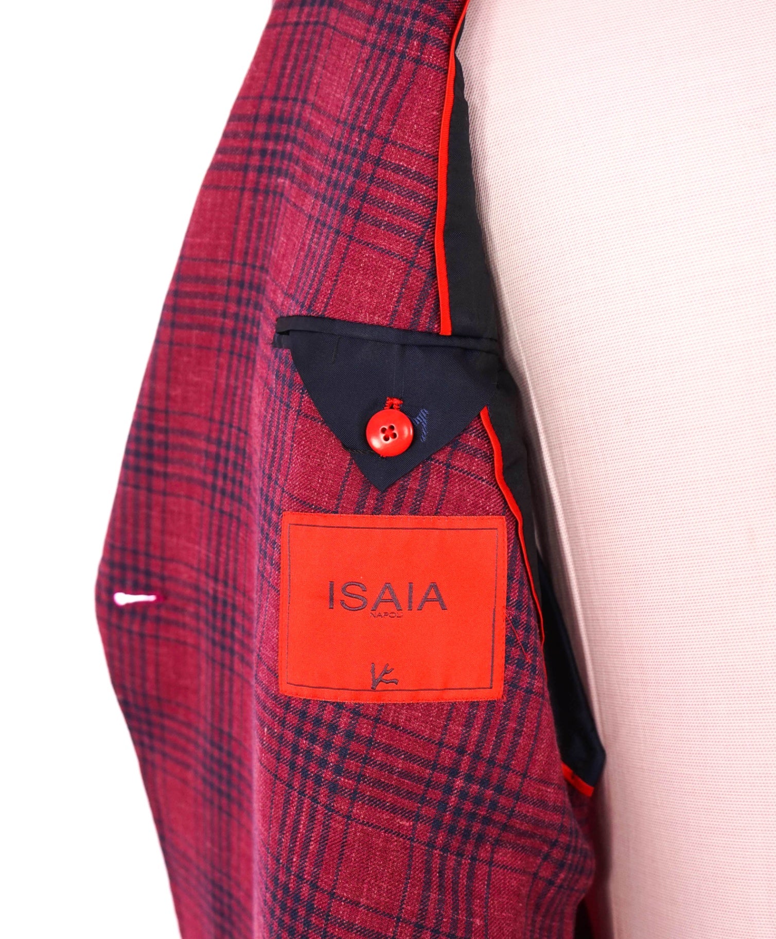 $5,225 ISAIA - Red/Blue Plaid Wool/Silk/Linen Double Breasted Blazer - 36R