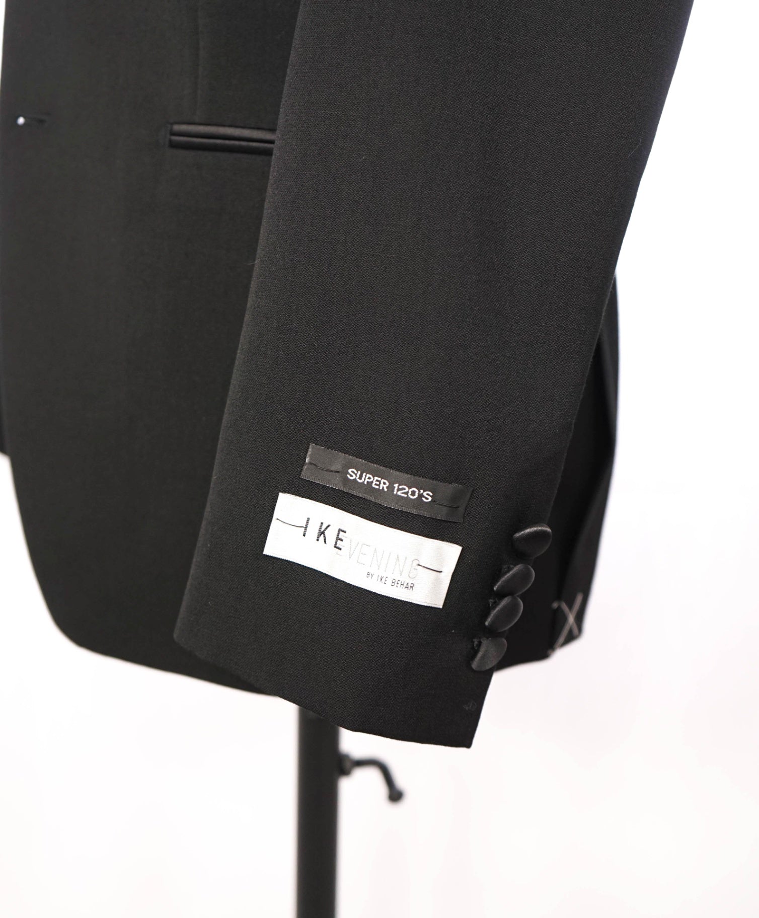 $695 IKE EVENING - Solid Black Super 120's Wool Tuxedo - 36R
