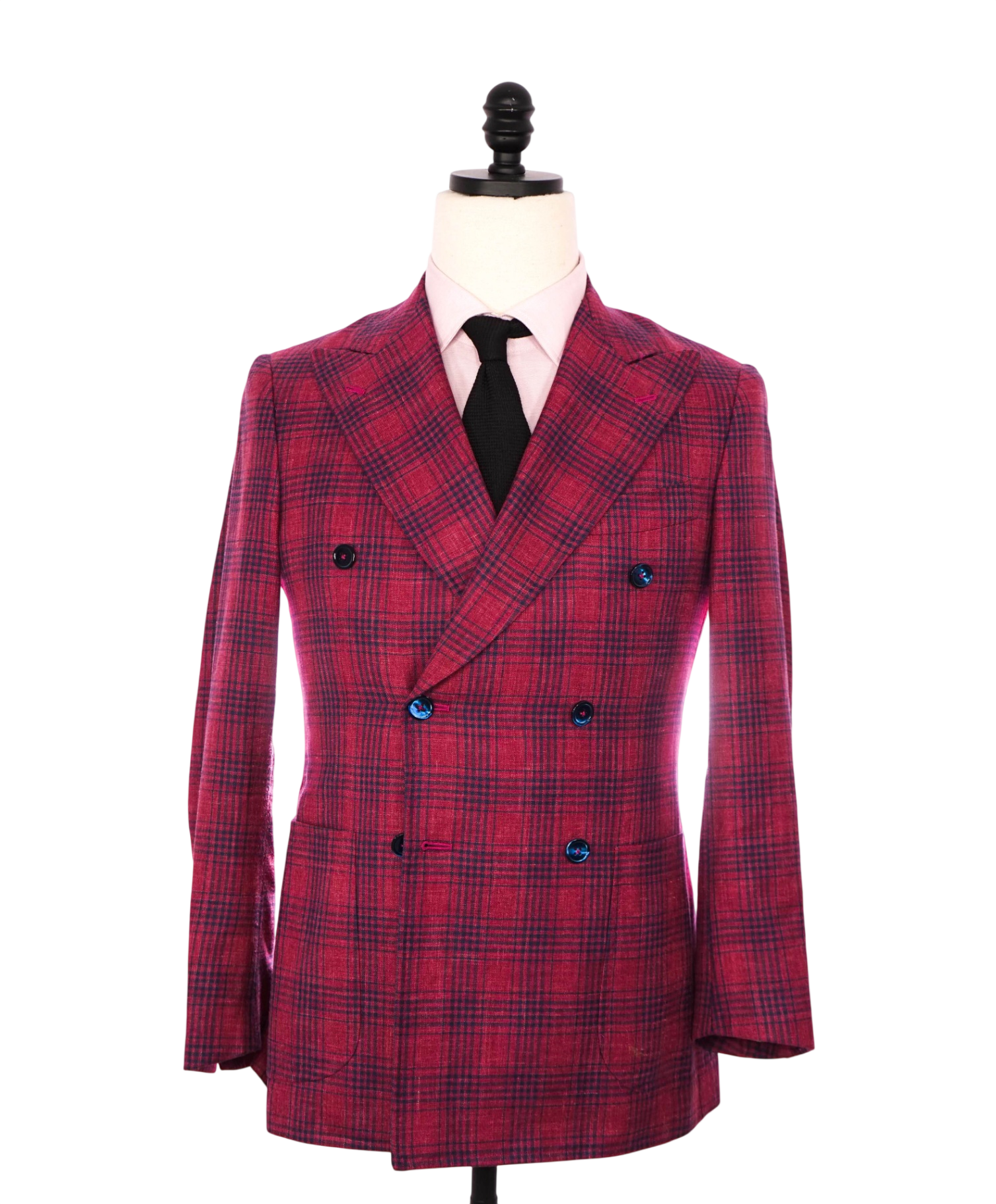$5,225 ISAIA - Red/Blue Plaid Wool/Silk/Linen Double Breasted Blazer - 36R