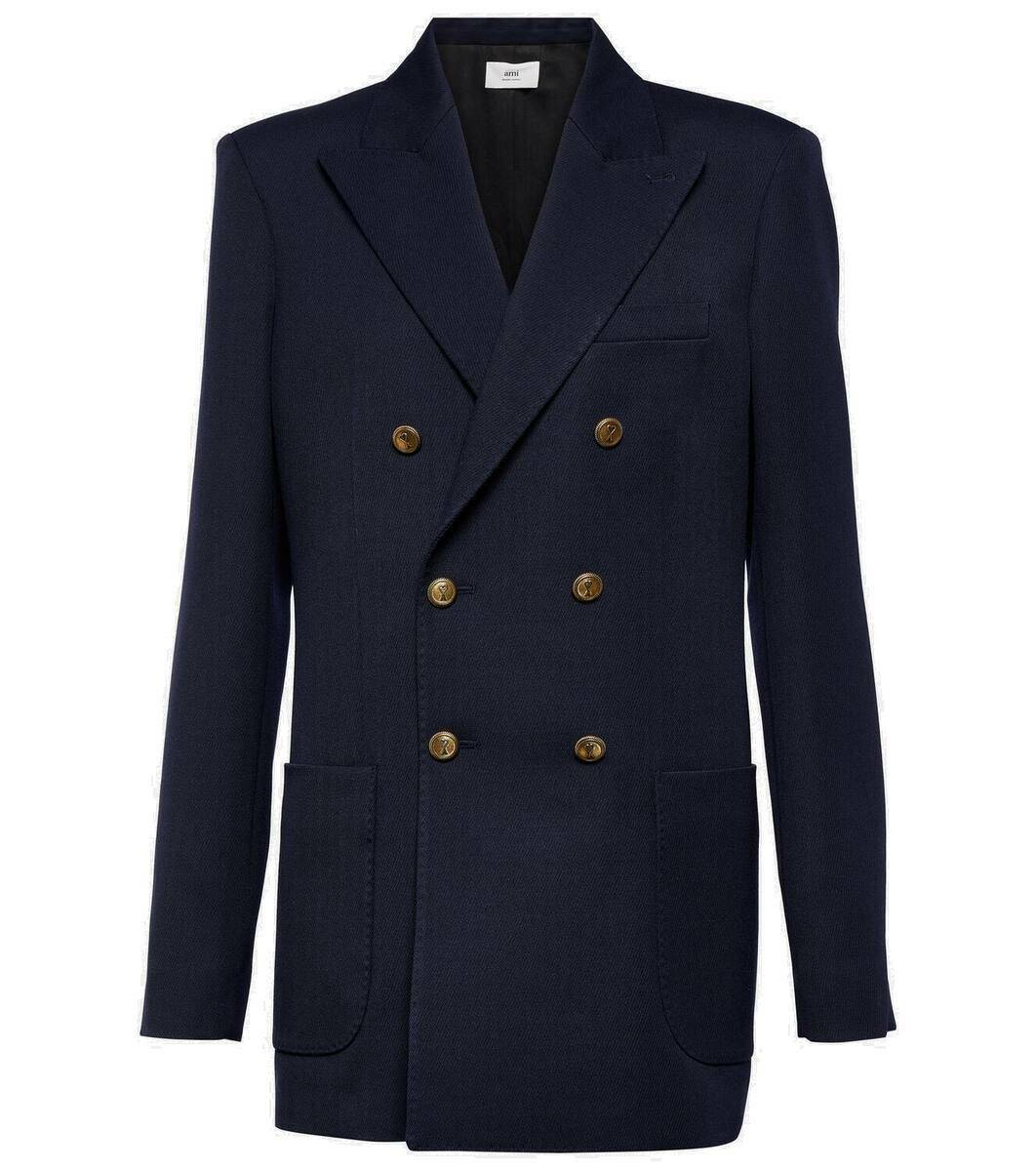 $1,345 AMI - Navy Blue Wool Double Breasted Blazer - 44R