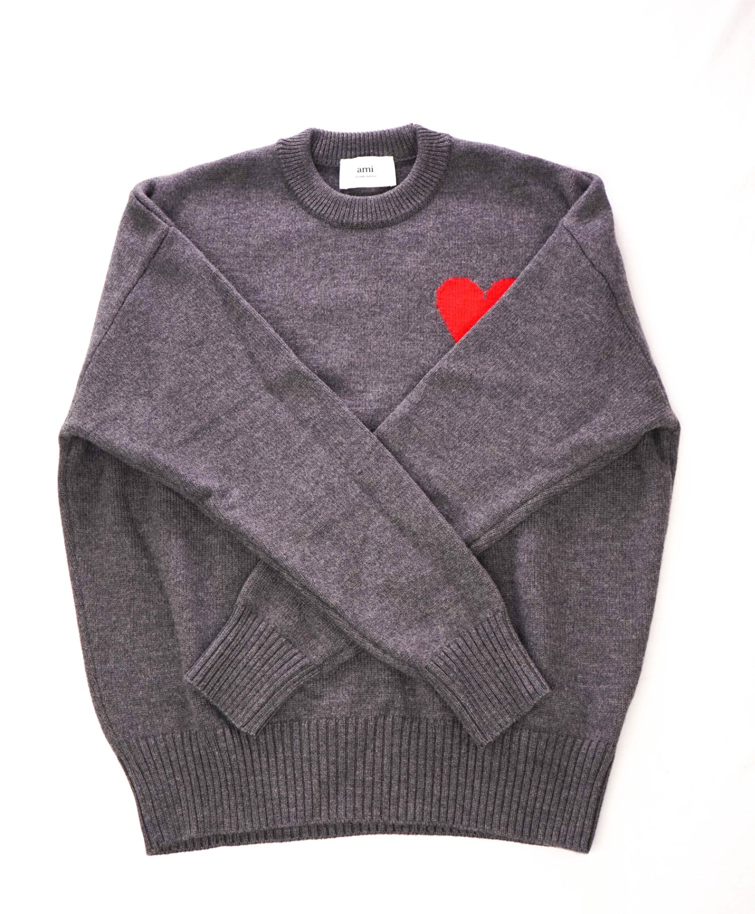 $590 AMI - Dark Gray Wool Crew Neck Sweater - M