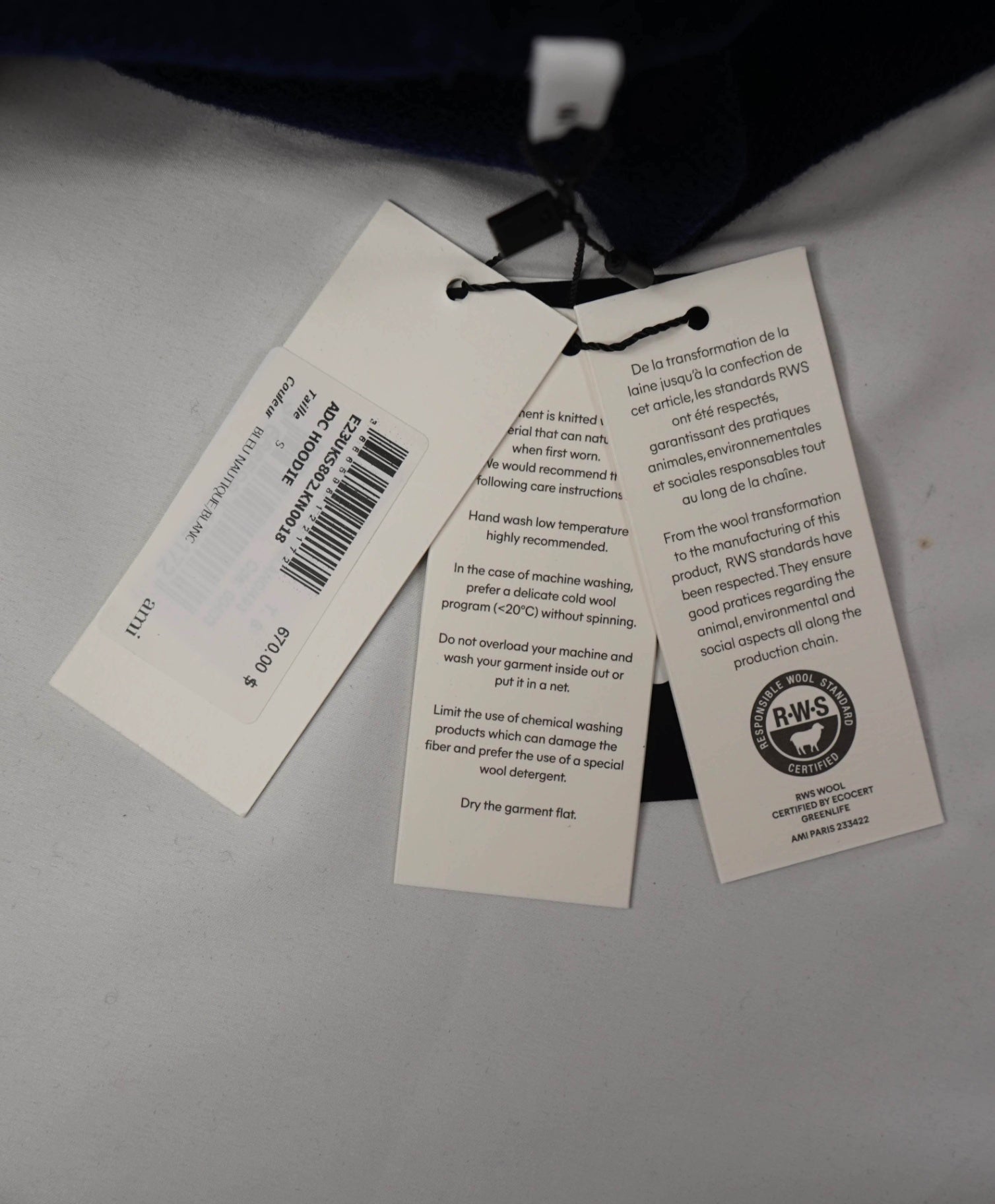 $670 AMI - Navy Blue Knit Wool Hoodie - S