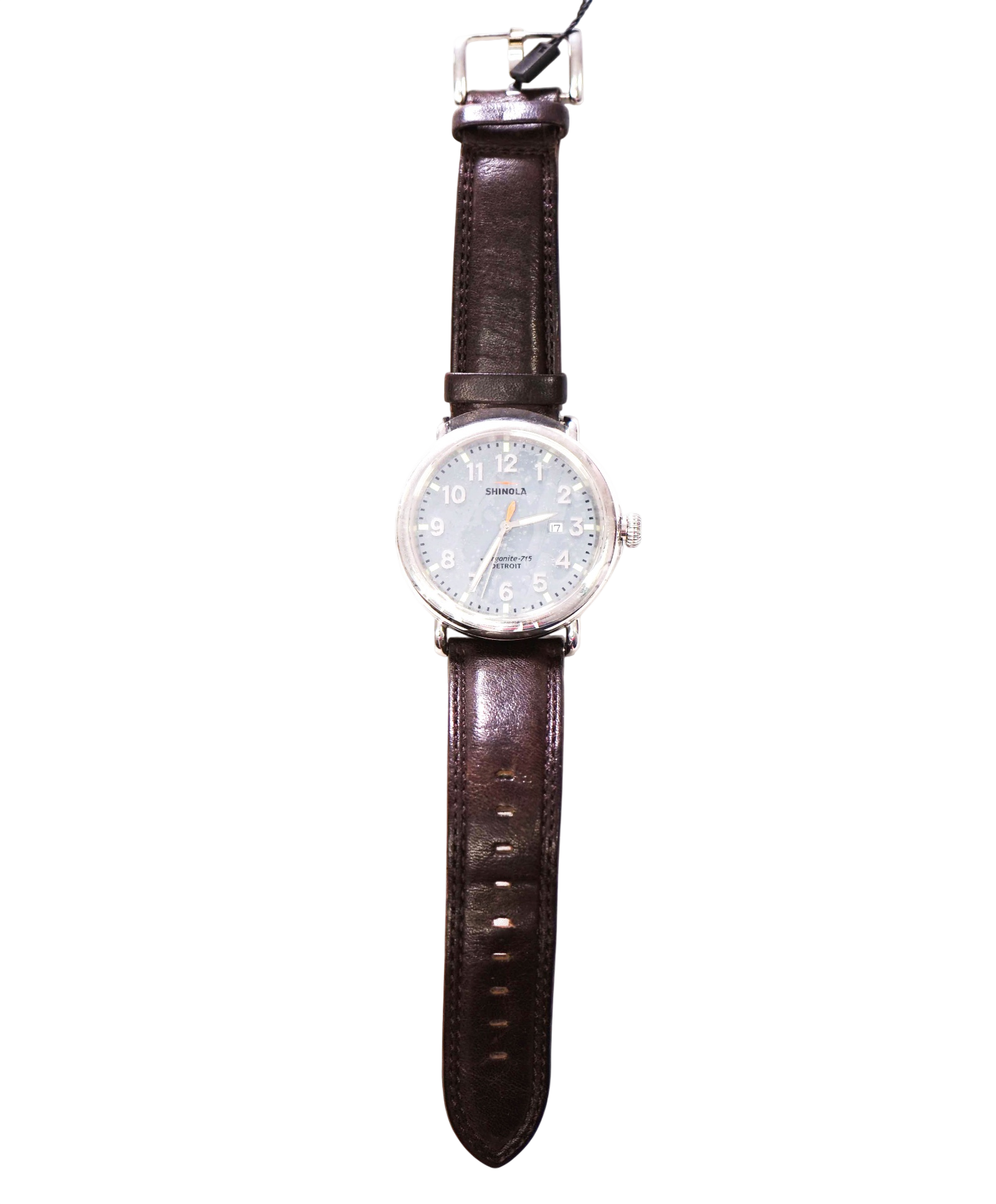 $750 SHINOLA - "Argonite-715" Gray/Brown Leather Steel Watch