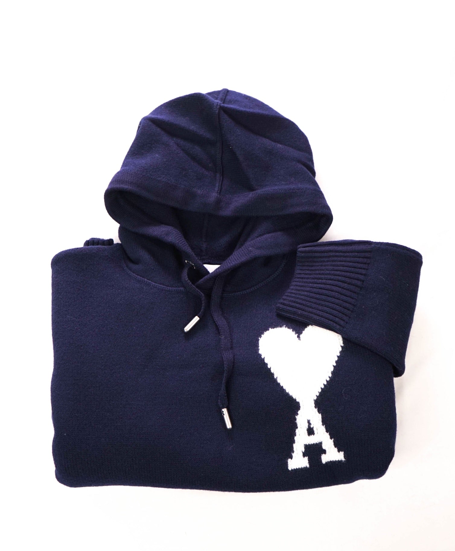 $670 AMI - Navy Blue Knit Wool Hoodie - S
