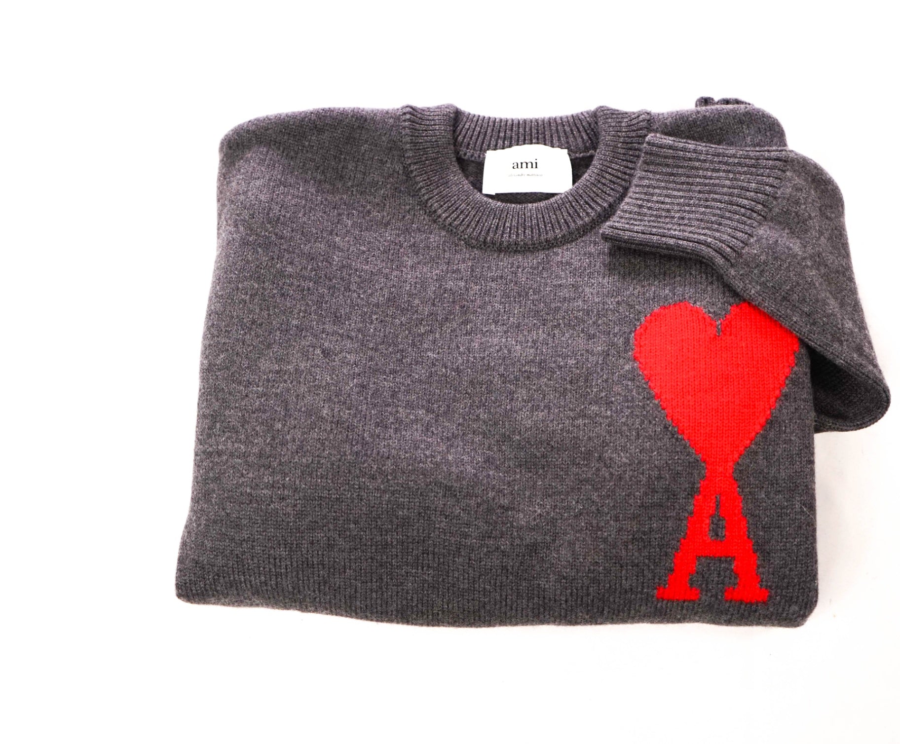 $590 AMI - Dark Gray Wool Crew Neck Sweater - M