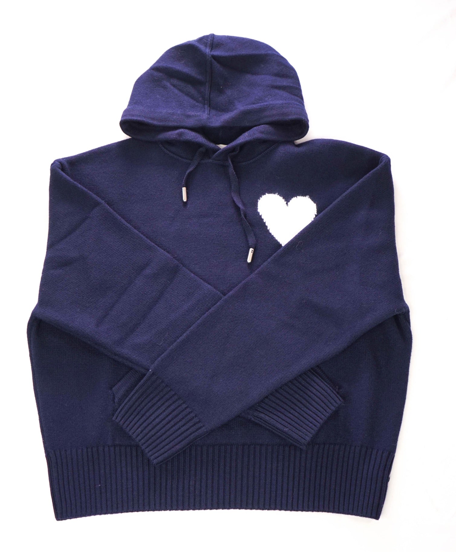 $670 AMI - Navy Blue Knit Wool Hoodie - S