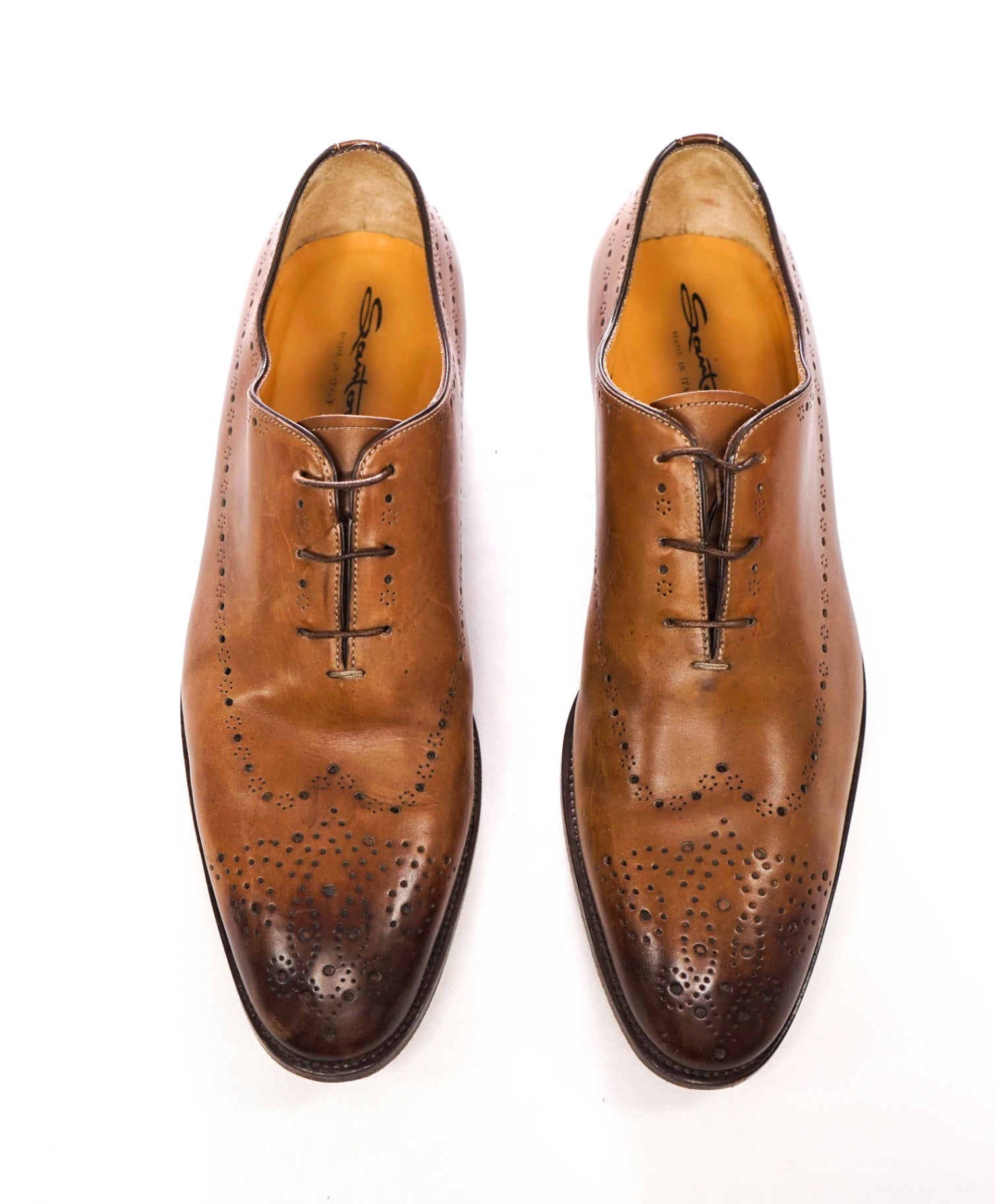 $1,295 SANTONI - "CALVIN" Whole Cut Brown Leather Oxfords - US 12 (UK11)