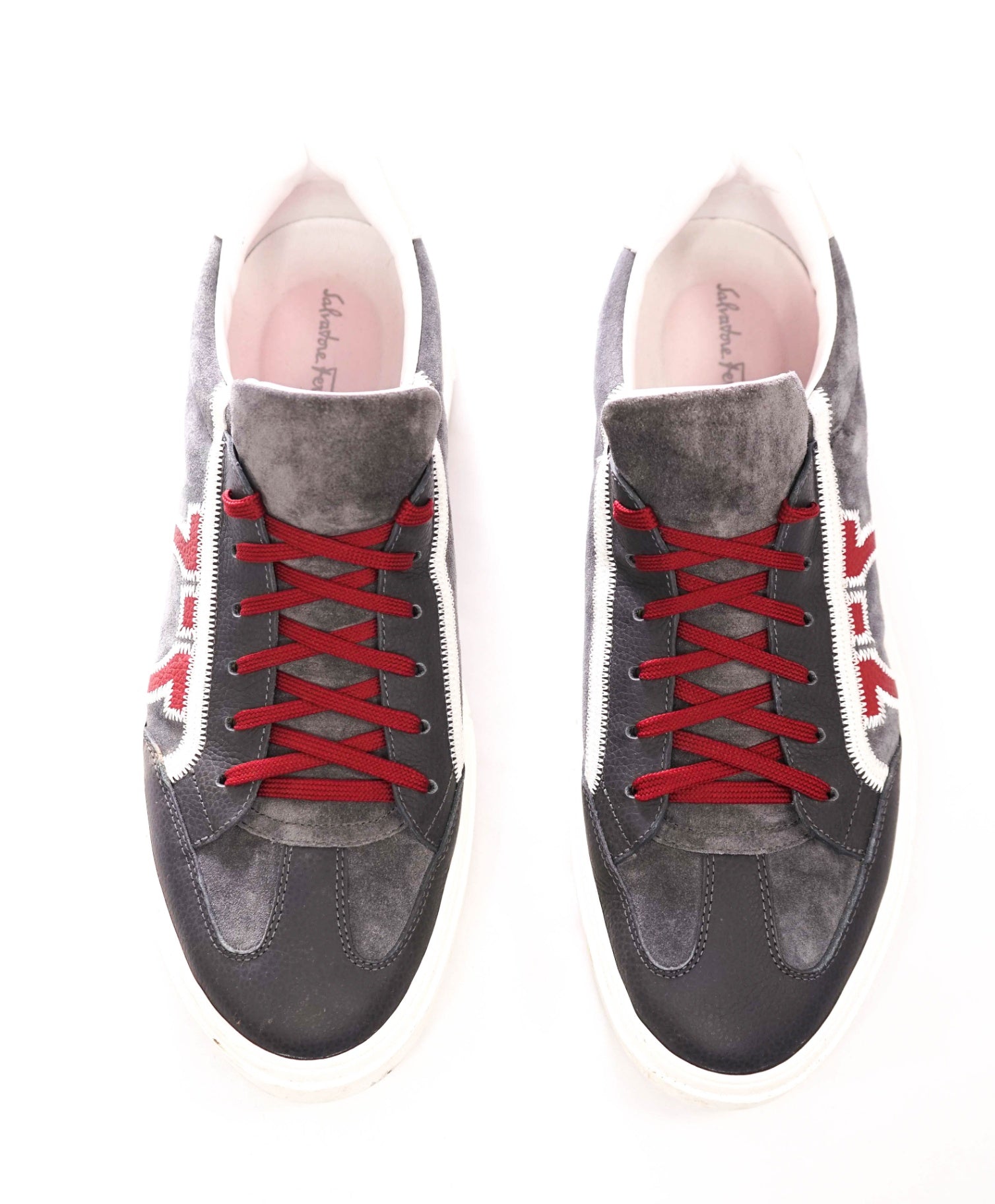 $795 FERRAGAMO - Gray/Red Suede/Leather Sneakers - 12 M