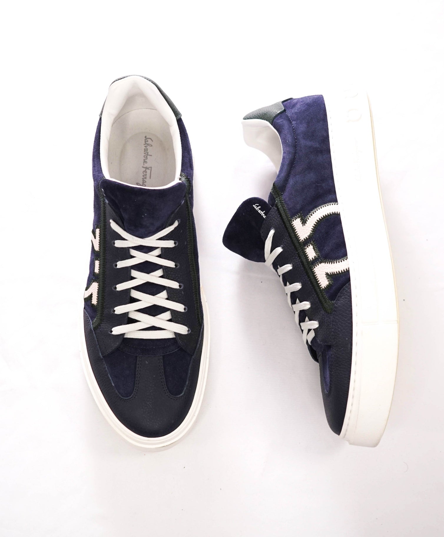 $795 FERRAGAMO - Navy Blue Suede/Leather Sneakers - 12 M