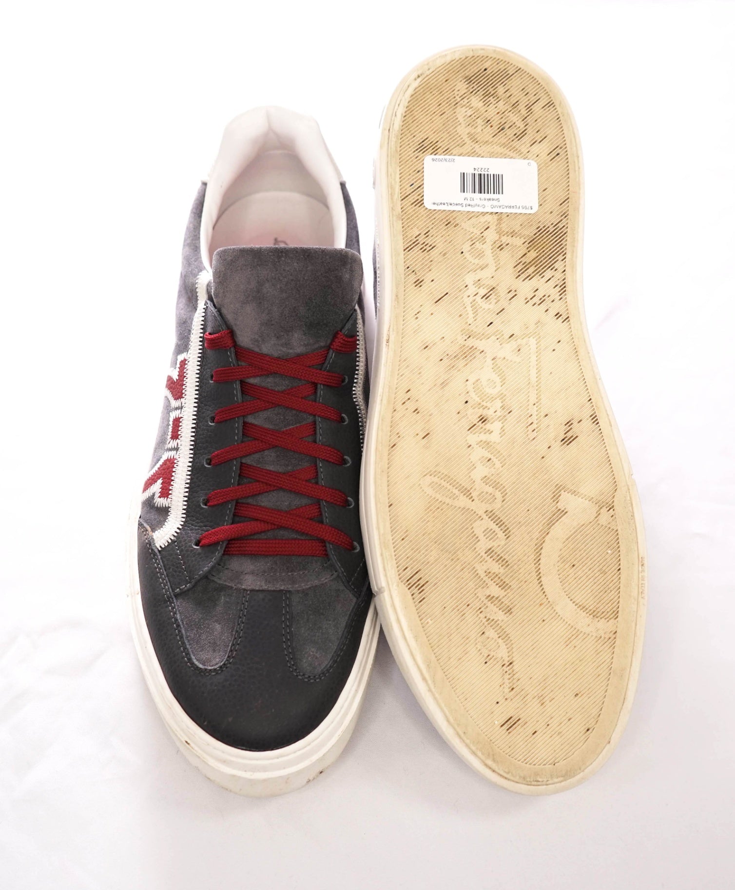 $795 FERRAGAMO - Gray/Red Suede/Leather Sneakers - 12 M