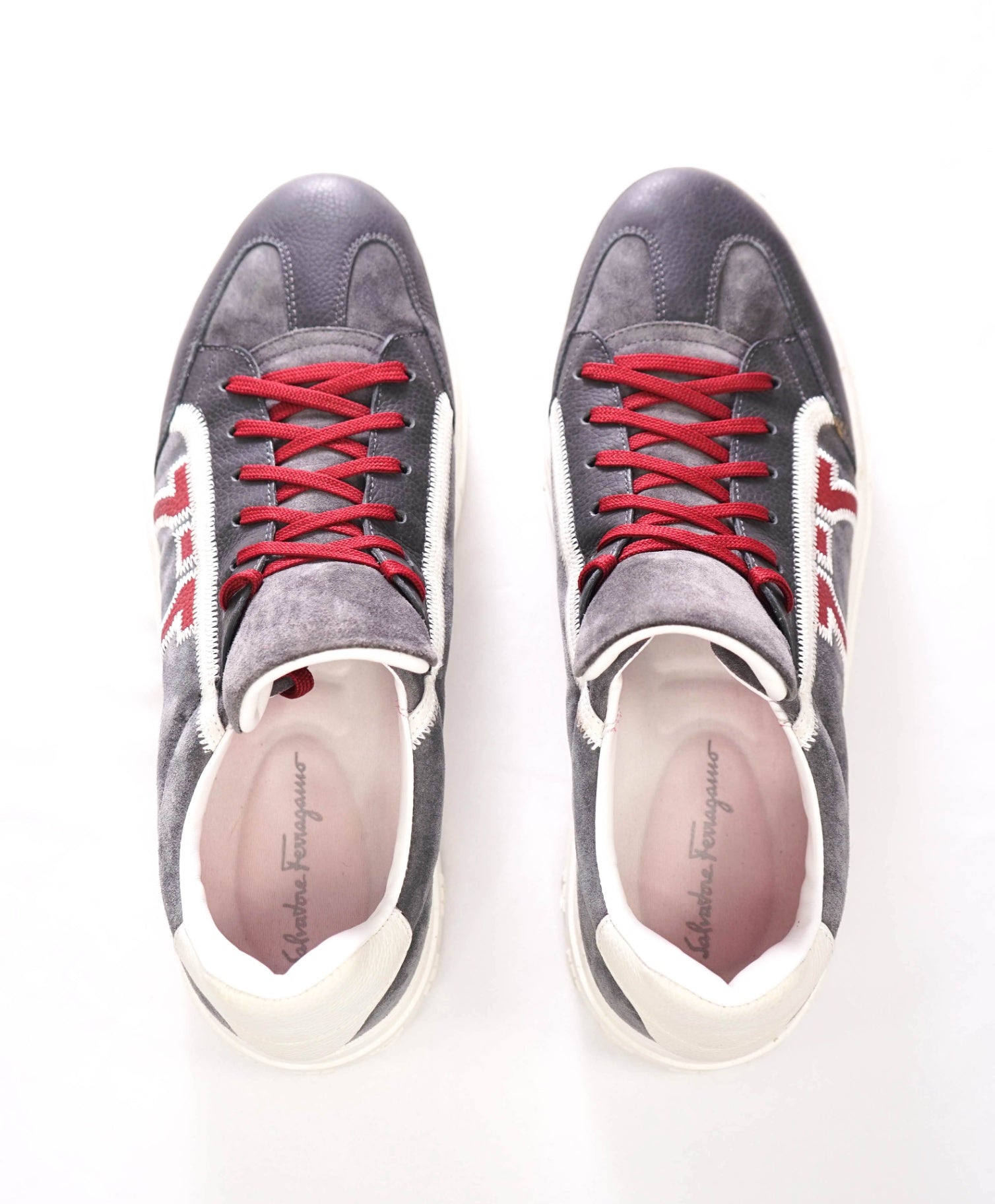 $795 FERRAGAMO - Gray/Red Suede/Leather Sneakers - 12 M