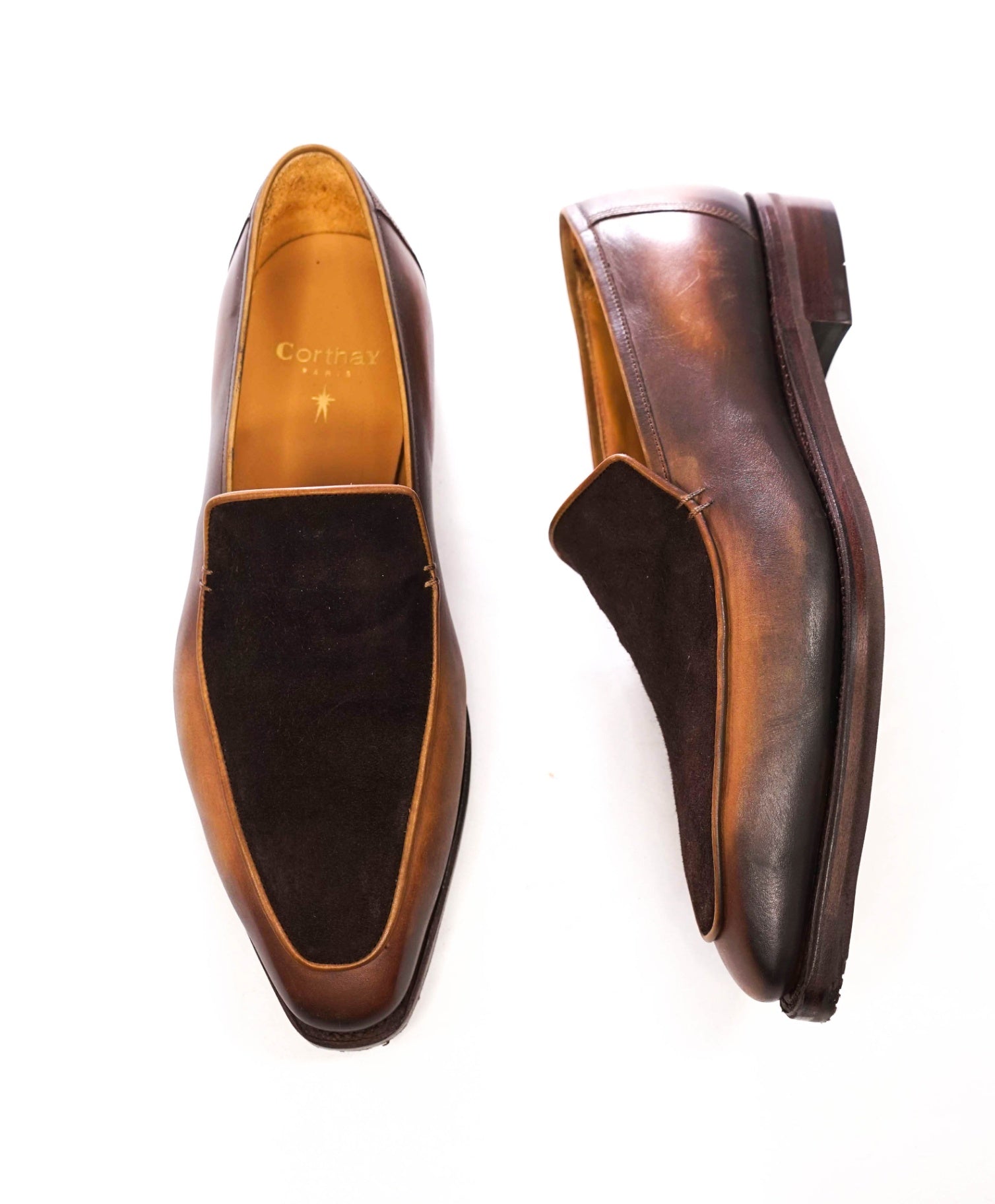 $1,595 CORTHAY - HAND PATINA Brown Leather/Suede Loafers - 9